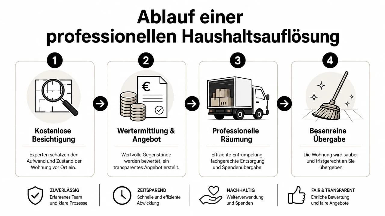 Infografik zum Ablauf einer professionellen Haushaltsauflösung in vier klaren Schritten von der Besichtigung bis zur Übergabe.