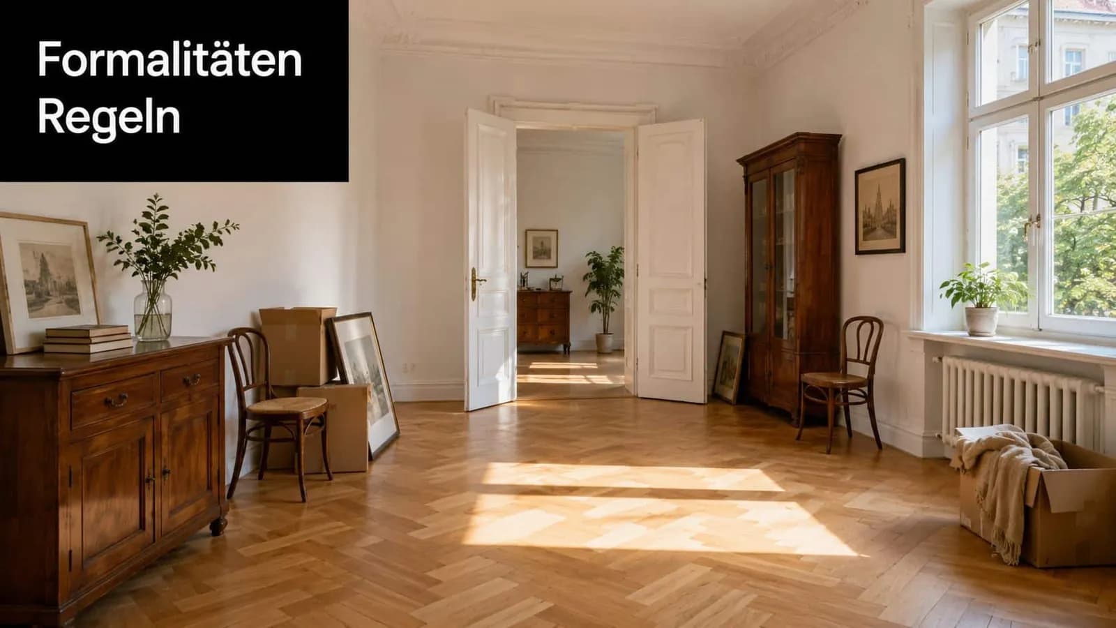 Ein helles, geräumiges Zimmer mit Fischgrätparkett, alten Holzmöbeln und Umzugskartons, das eine elegante, klassische Atmosphäre ausstrahlt.