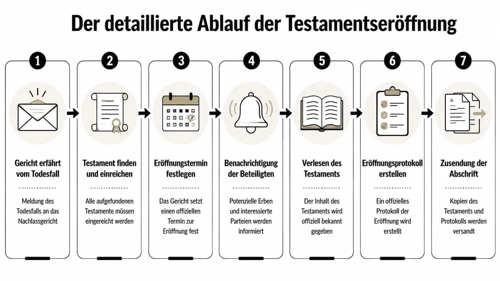 Eine Infografik zeigt den siebenstufigen, detaillierten Ablauf einer Testamentseröffnung von der Meldung bis zur Zusendung der Abschrift.