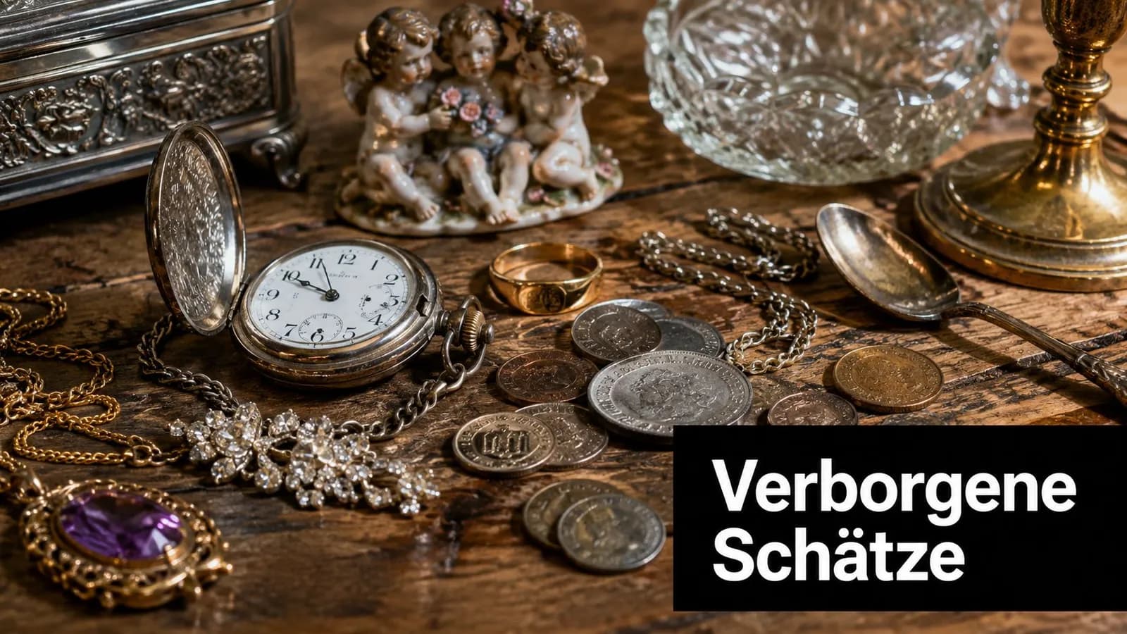 Verschiedene antike Schätze wie eine Taschenuhr, Münzen, Schmuck und Porzellanfiguren liegen auf einem rustikalen Holztisch.