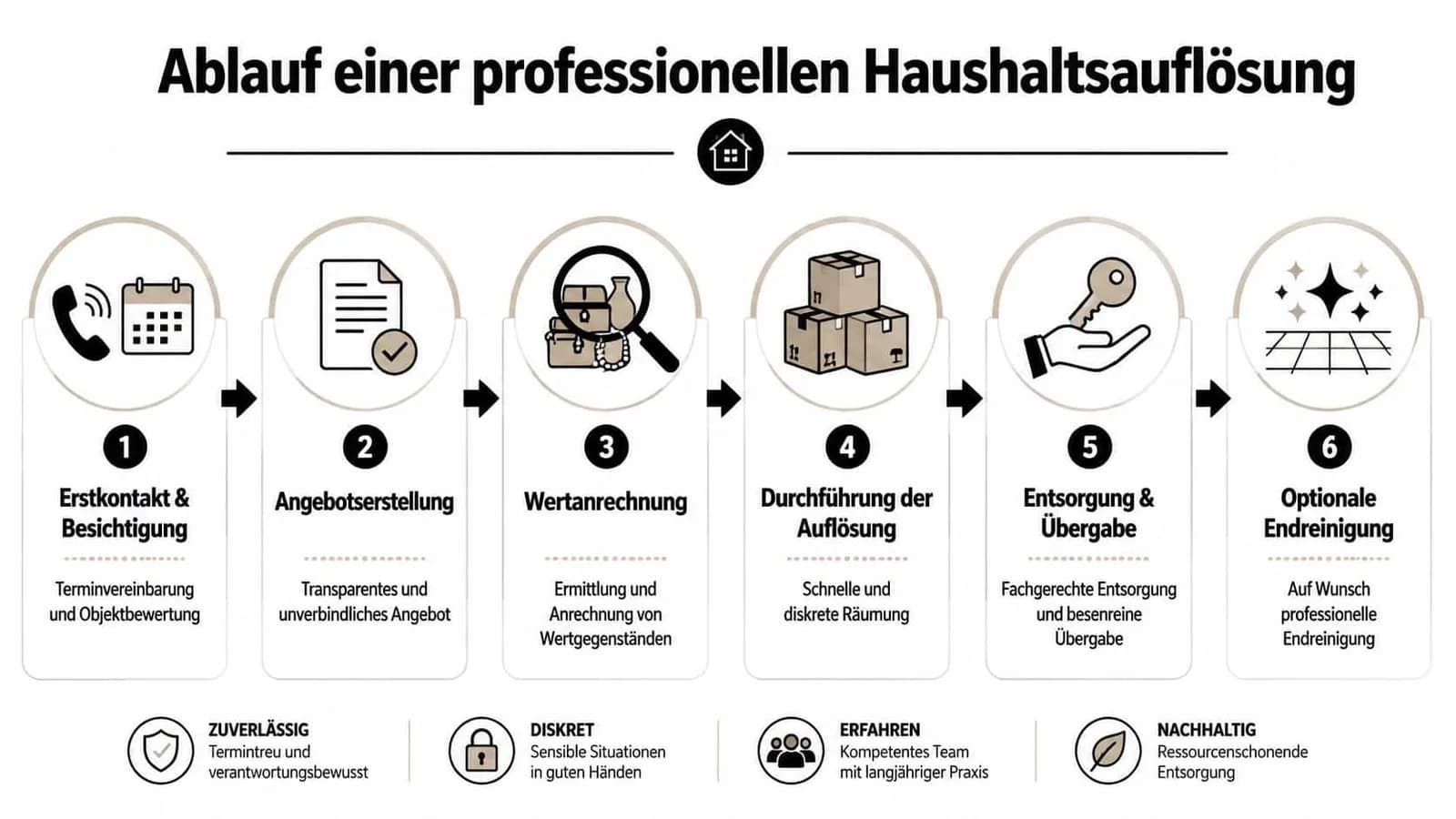 Grafik zeigt den sechsstufigen Ablauf einer professionellen Haushaltsauflösung von der Erstbesichtigung bis zur optionalen Endreinigung.