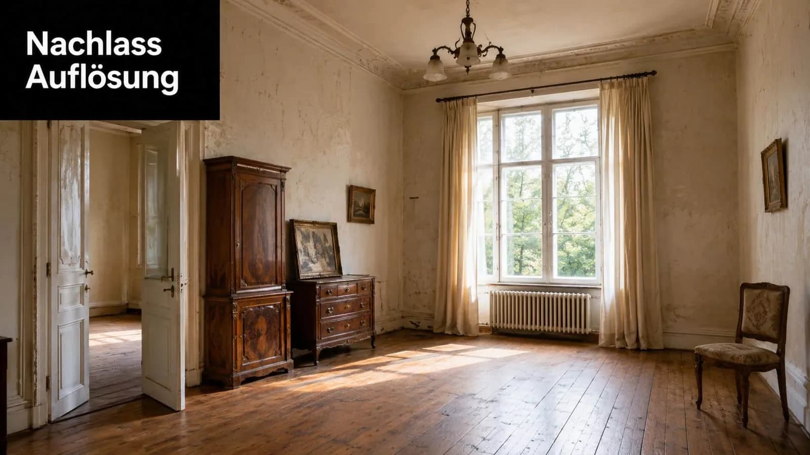 Ein helles, leeres Zimmer mit historischen Möbeln, Holzboden und großen Fenstern im Rahmen einer Wohnungsauflösung.