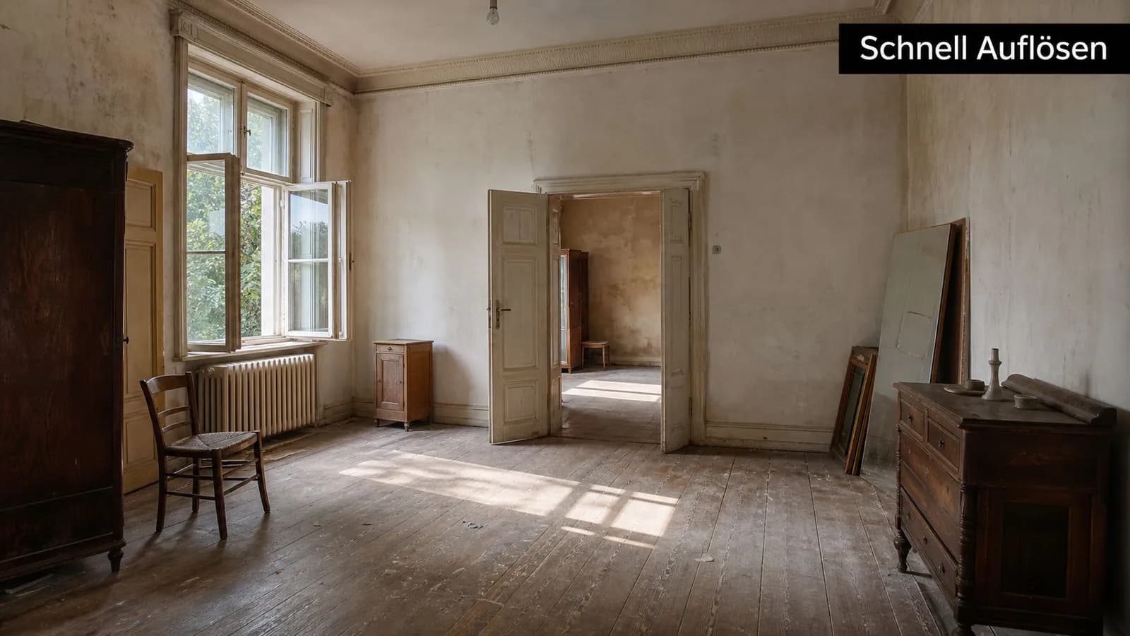 Ein leerstehendes, altes Zimmer mit Holzboden, einer Kommode, einem Stuhl und einer geöffneten Tür in einer Wohnung.