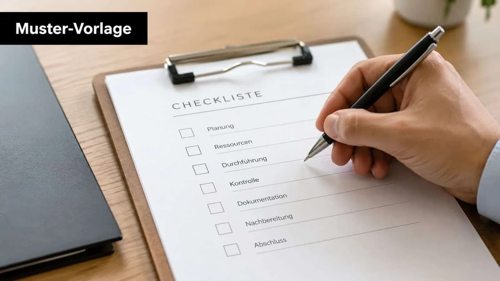 Eine Hand hält einen Stift über eine Checkliste mit verschiedenen Aufgaben wie Planung und Durchführung.