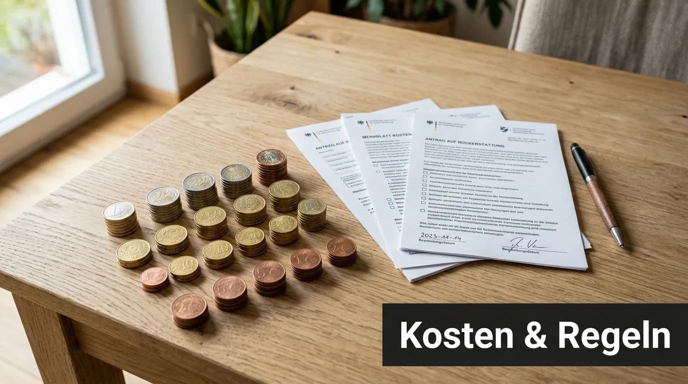 Ein Antrag auf Rückerstattung liegt mit Geldmünzen auf einem Holztisch, bereit für die Einreichung bei Behörden.