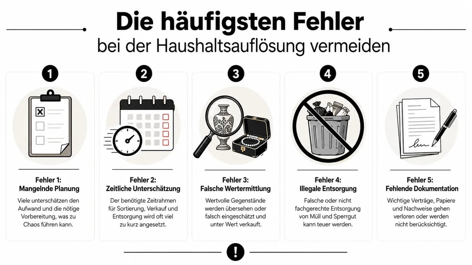 Infografik zeigt die fünf häufigsten Fehler bei der Haushaltsauflösung und wie man sie effektiv vermeiden kann.
