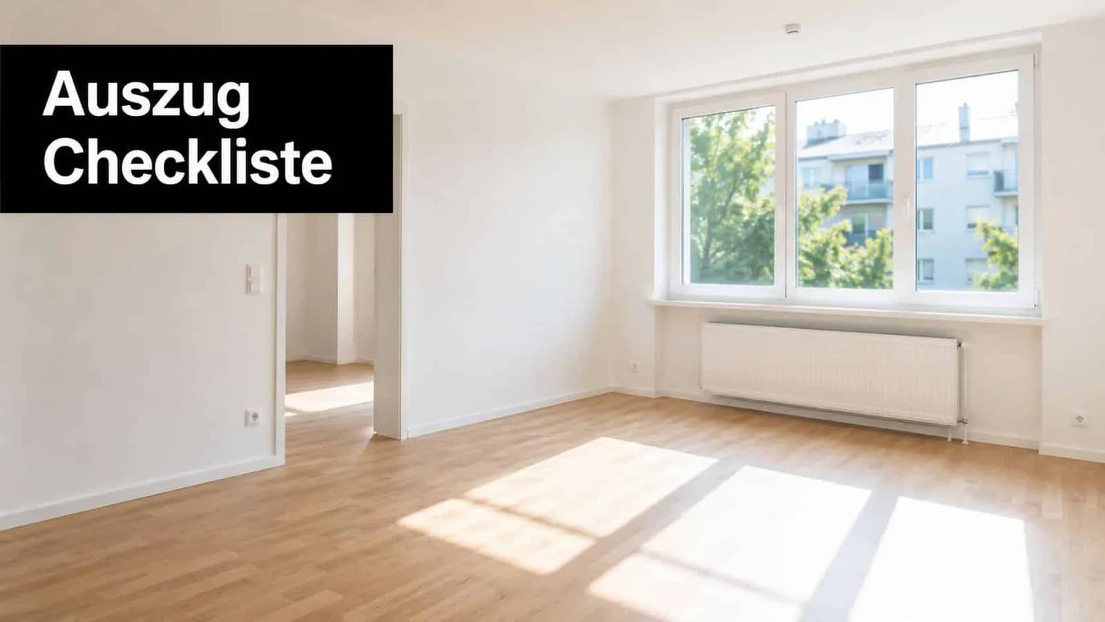 Ein leerer, sonnendurchfluteter Wohnraum mit hellem Holzboden und einem Fenster, ideal für den Umzug vorbereitet.