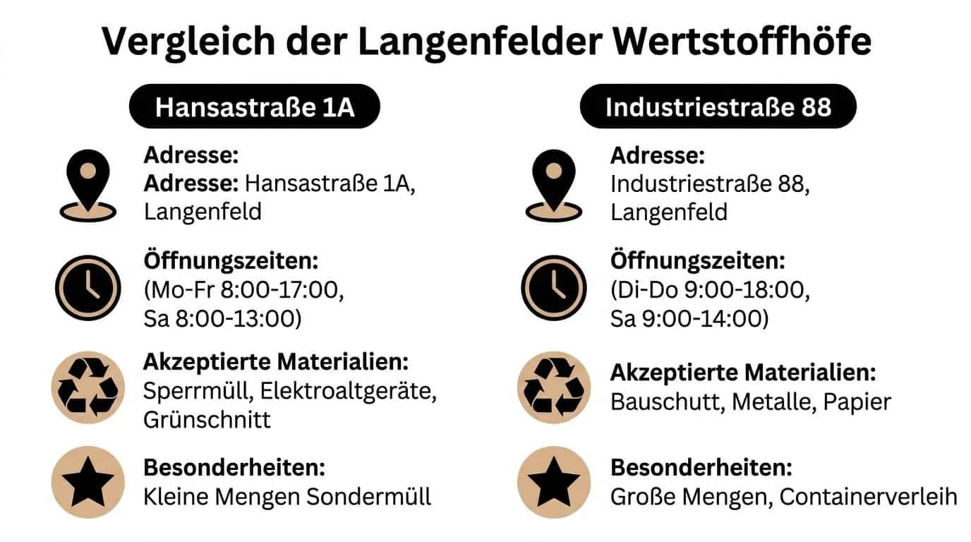 Vergleich der zwei Wertstoffhöfe in Langenfeld mit Adressen, Öffnungszeiten, Materialien und Besonderheiten in einer übersichtlichen Infografik.