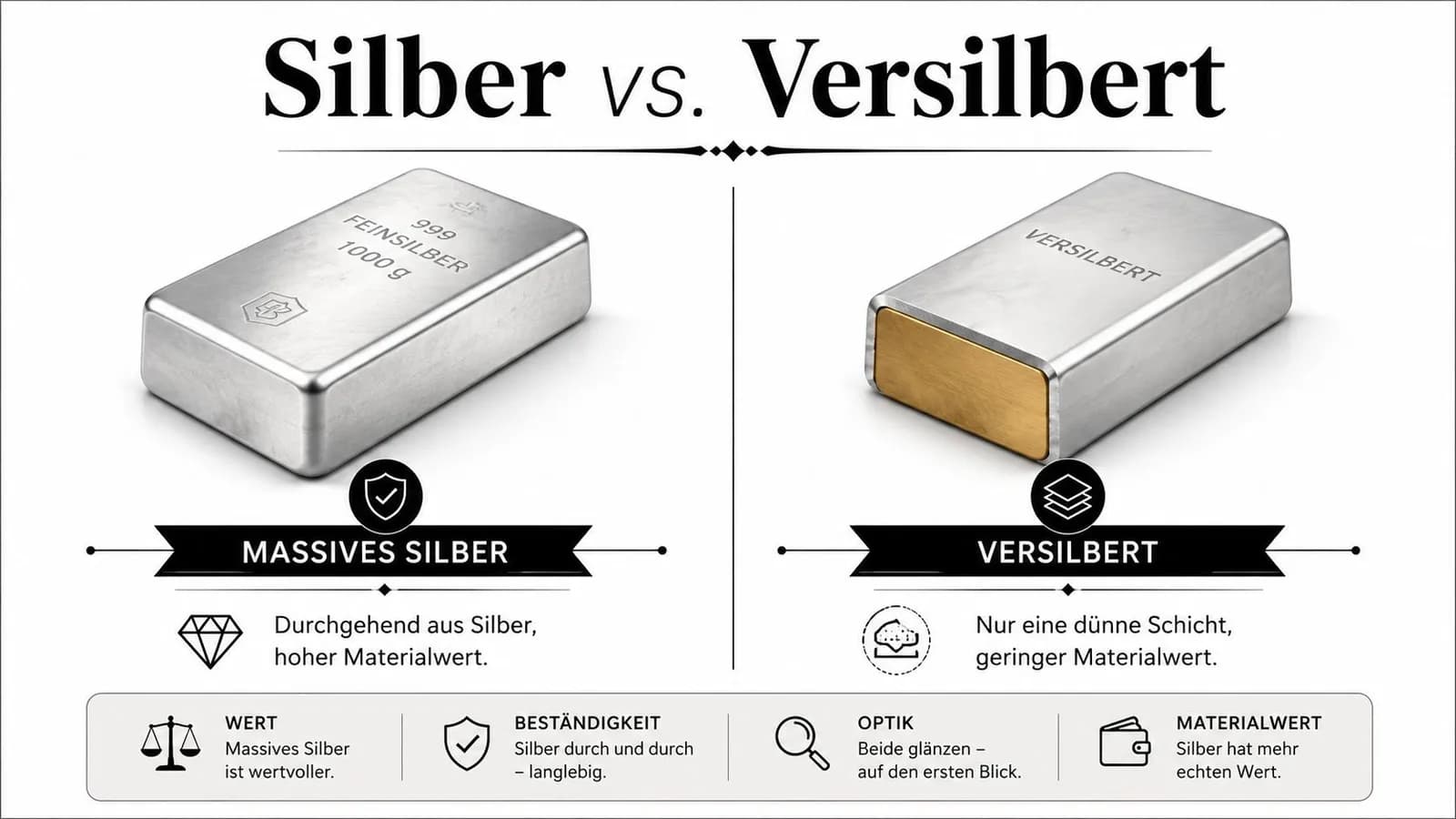 Grafik vergleicht massives Silber mit versilberten Objekten hinsichtlich Materialwert, Langlebigkeit und optischer Erscheinung.