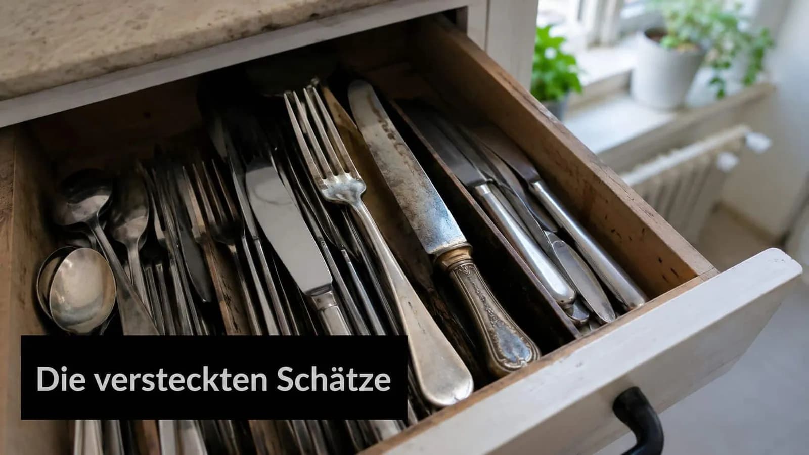 Ein offenes Küchenschubfach gefüllt mit historischem, teils angelaufenem Besteck aus Silber auf einem Holztisch.