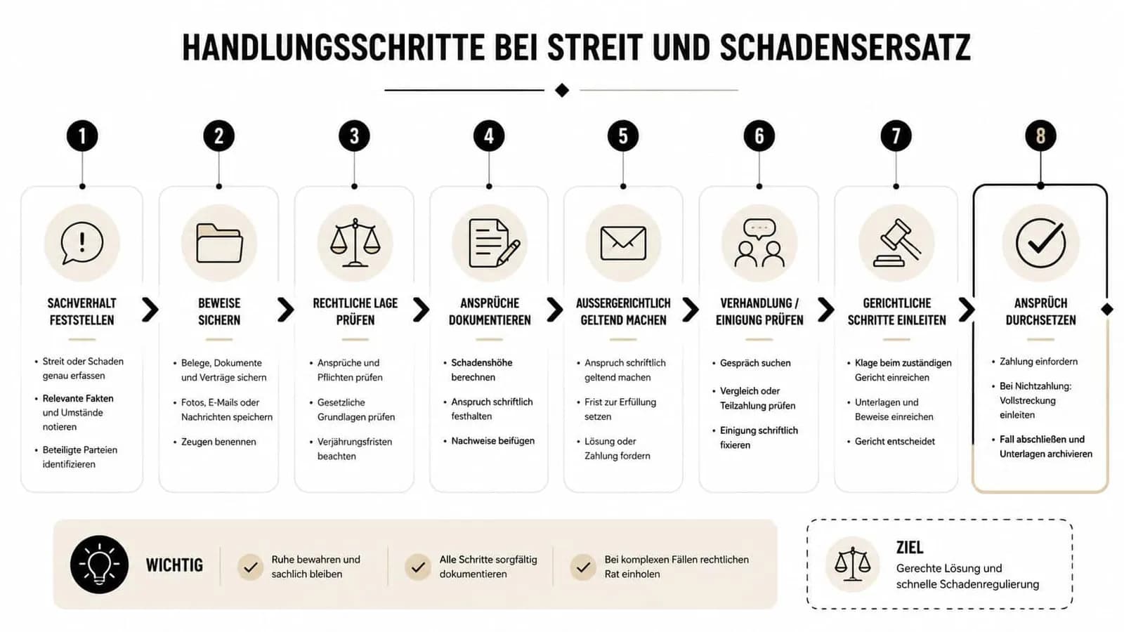 Eine Infografik mit acht Schritten zur rechtlichen Bewältigung von Streitfällen und der Durchsetzung von Schadensersatzansprüchen.