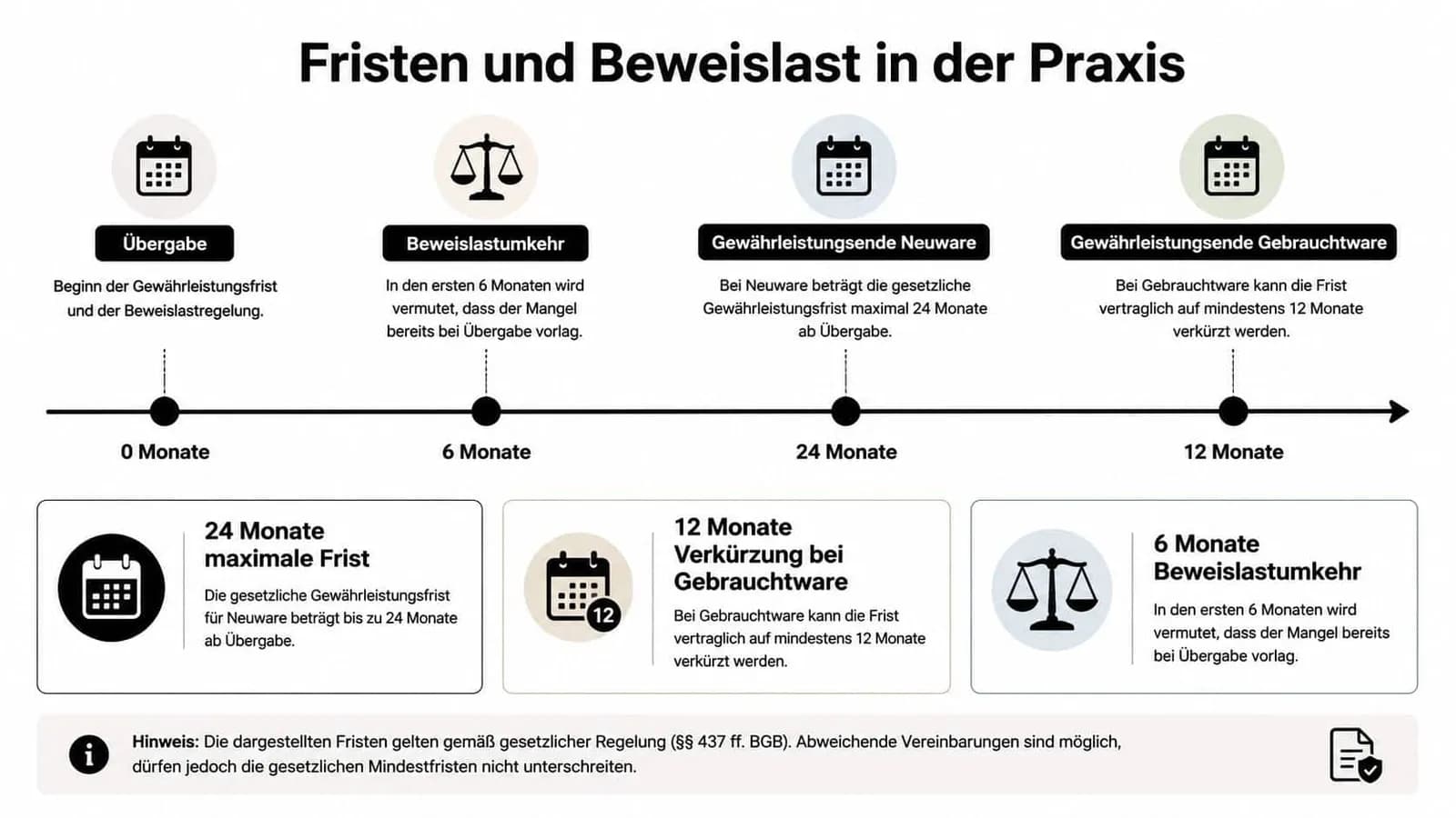 Eine Infografik erklärt die gesetzlichen Fristen und die Beweislastumkehr bei Gewährleistungsansprüchen für Neu- und Gebrauchtwaren.