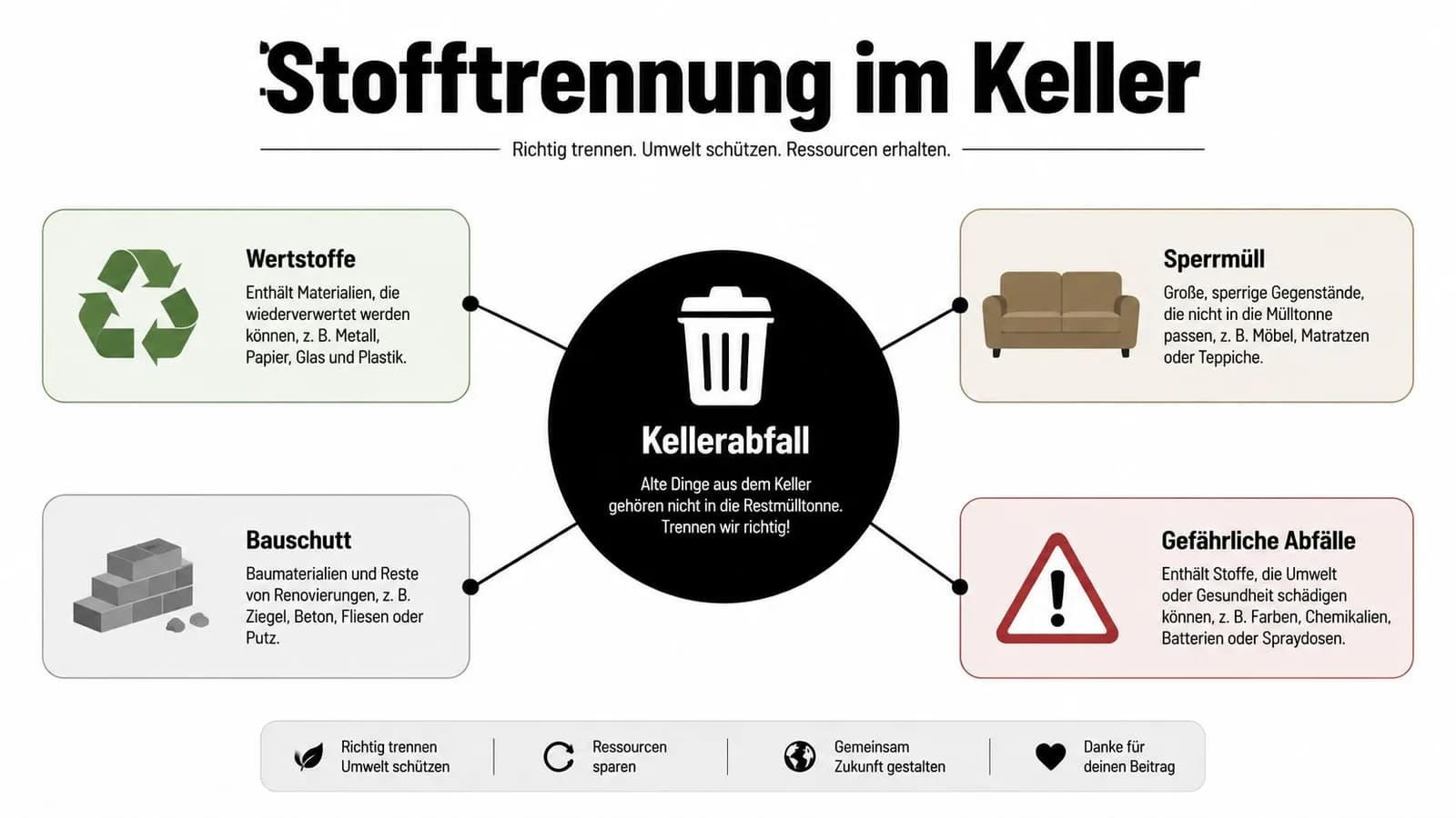 Eine Infografik zur richtigen Mülltrennung von Gegenständen aus dem Keller in verschiedene Kategorien.