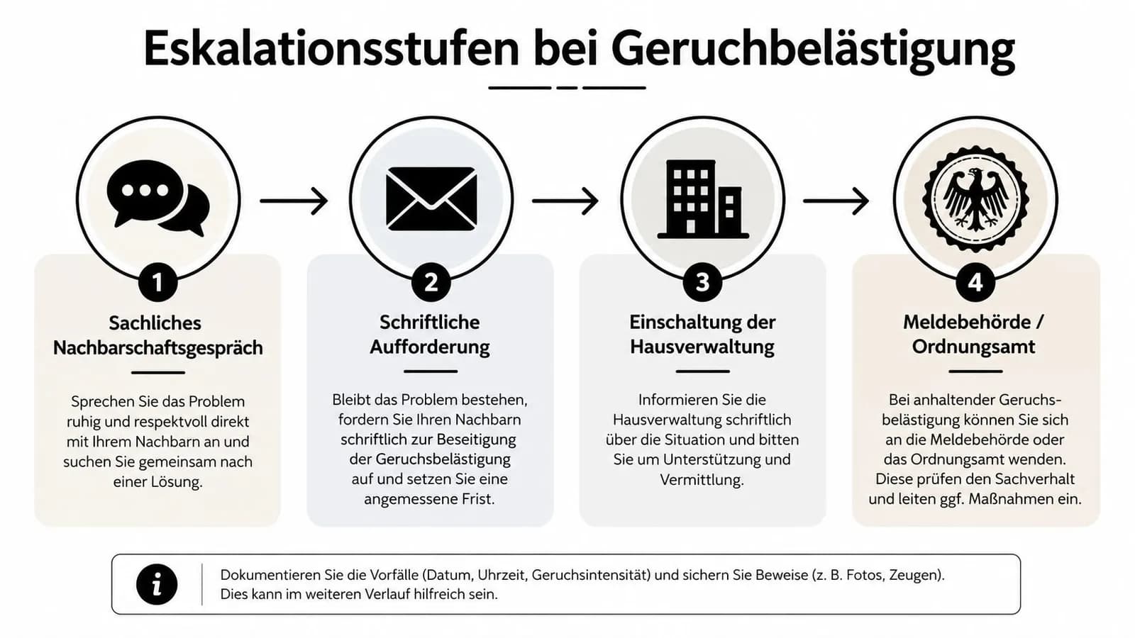 Eine Infografik zur Eskalationsstufen bei Geruchsbelästigung durch Nachbarn, dargestellt in vier klaren Schritten für betroffene Mieter.