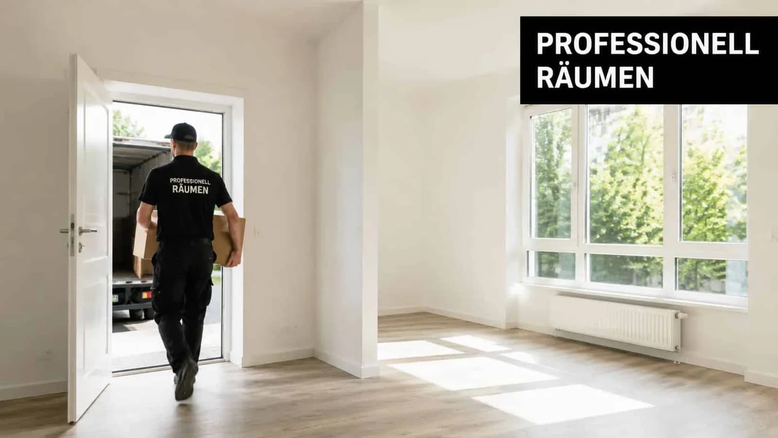 Ein professioneller Möbelpacker trägt Umzugskartons aus einer leeren Wohnung heraus in den bereitstehenden Lieferwagen vor dem Gebäude.