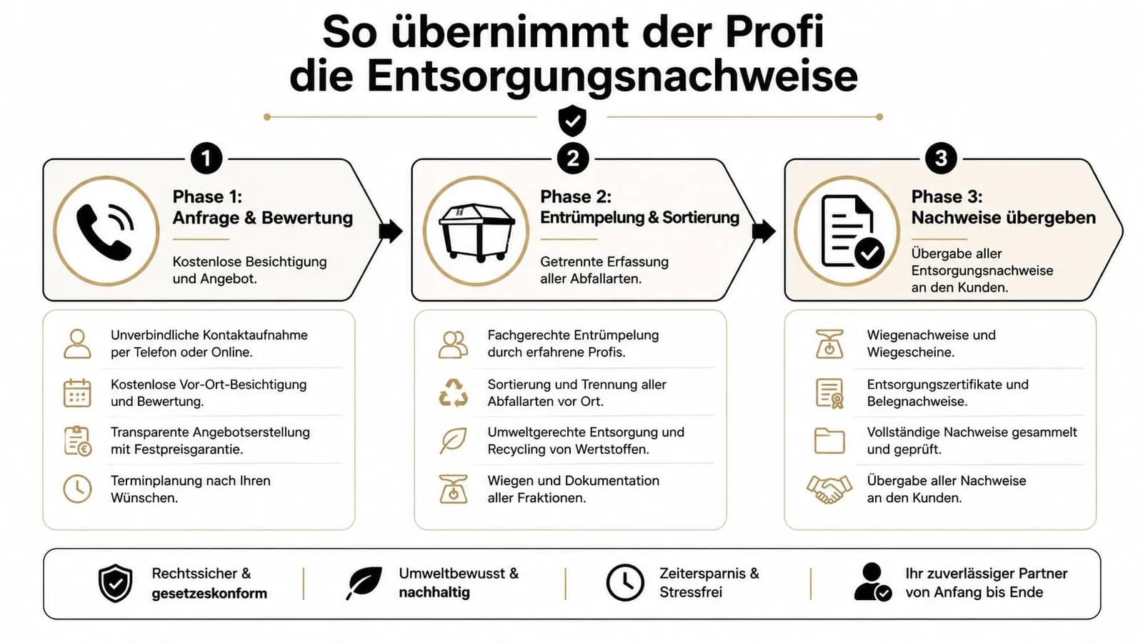 Infografik zum professionellen Ablauf der Entsorgung und Übergabe rechtssicherer Entsorgungsnachweise für Unternehmen und Privatkunden.