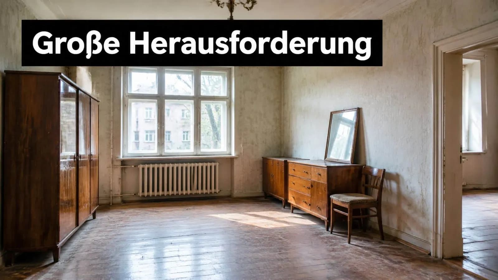 Ein leeres, renovierungsbedürftiges Zimmer mit alten Holzmöbeln und Blick aus dem Fenster auf ein anderes Gebäude.