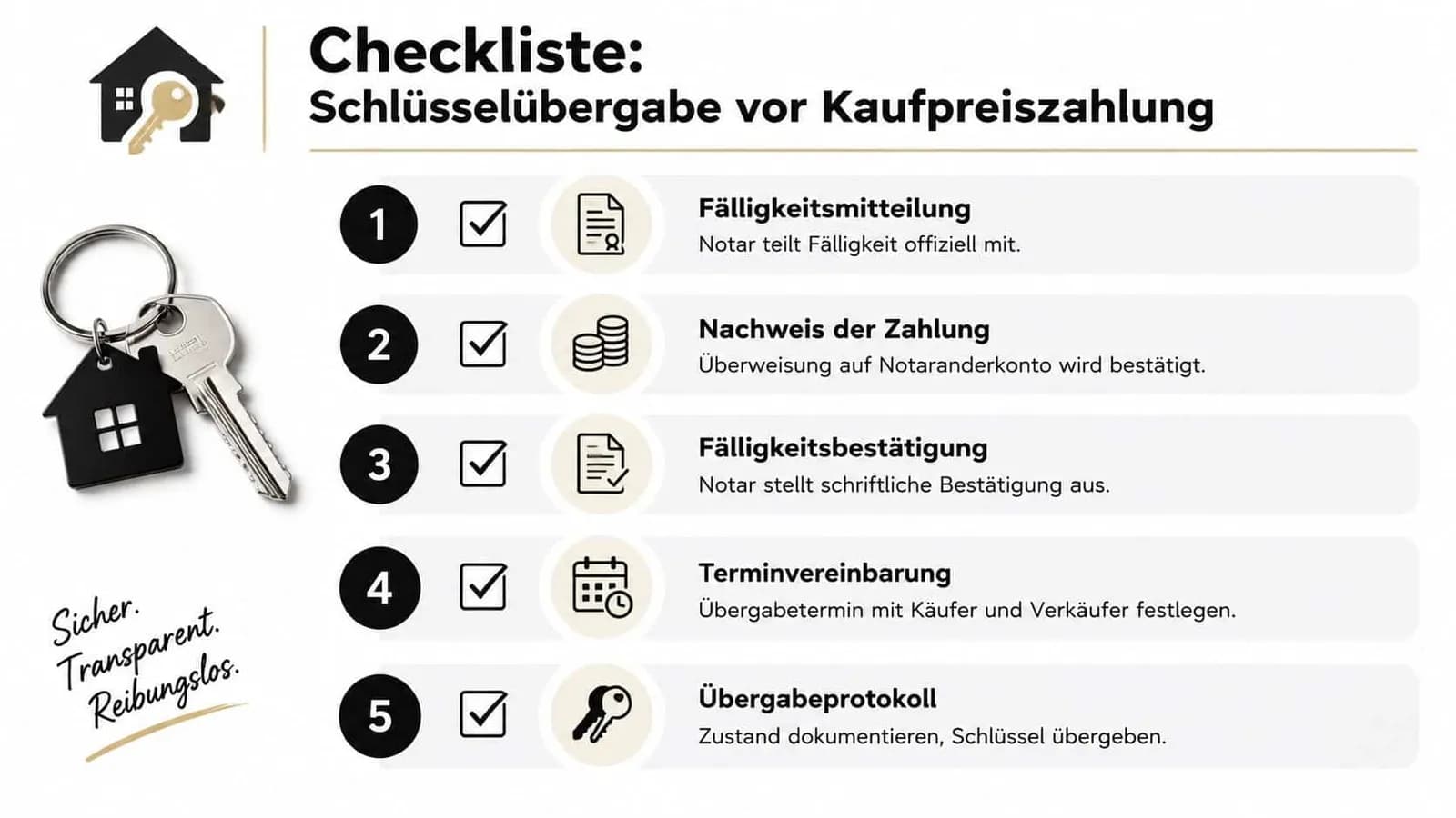 Eine Checkliste in fünf Schritten für eine sichere und transparente Schlüsselübergabe vor der offiziellen Kaufpreiszahlung bei Immobilien.