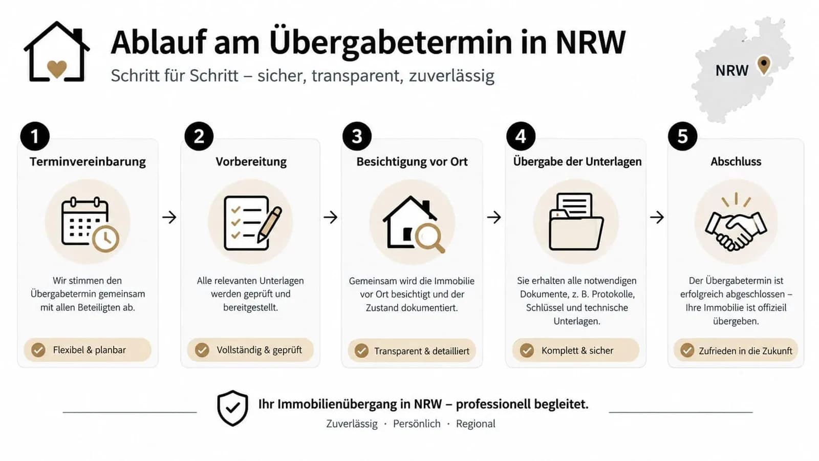 Grafische Darstellung des fünfstufigen Ablaufs einer professionellen Immobilienübergabe in Nordrhein-Westfalen Schritt für Schritt erklärt.