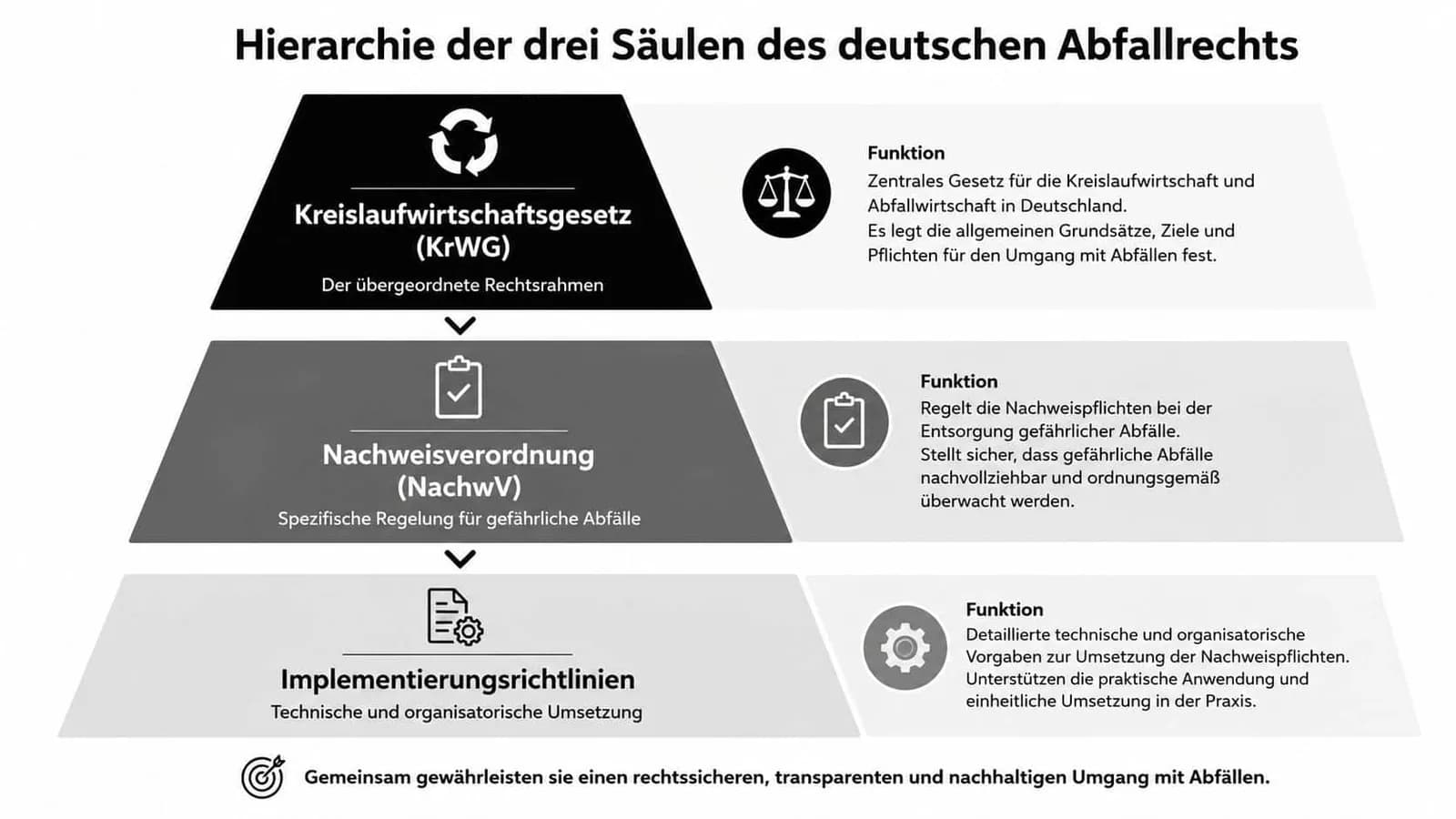 Hierarchische Darstellung der drei Säulen des deutschen Abfallrechts von KrWG bis hin zu den Implementierungsrichtlinien.