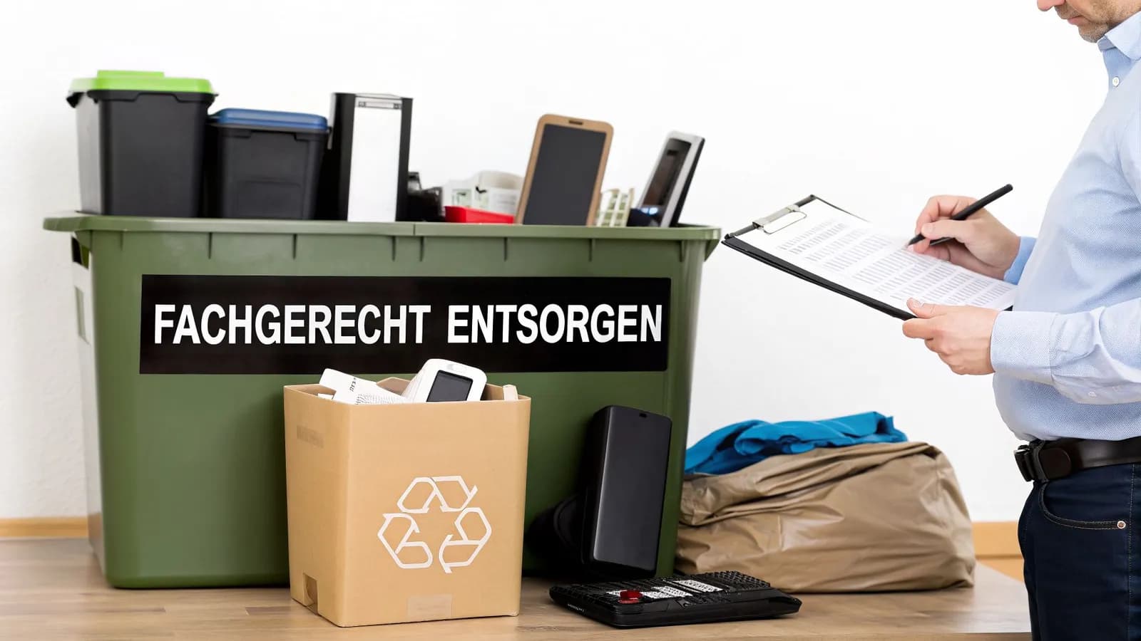 Mann schreibt an einer Checkliste neben einem grünen Container für Elektroschrott und einer Recyclingbox.