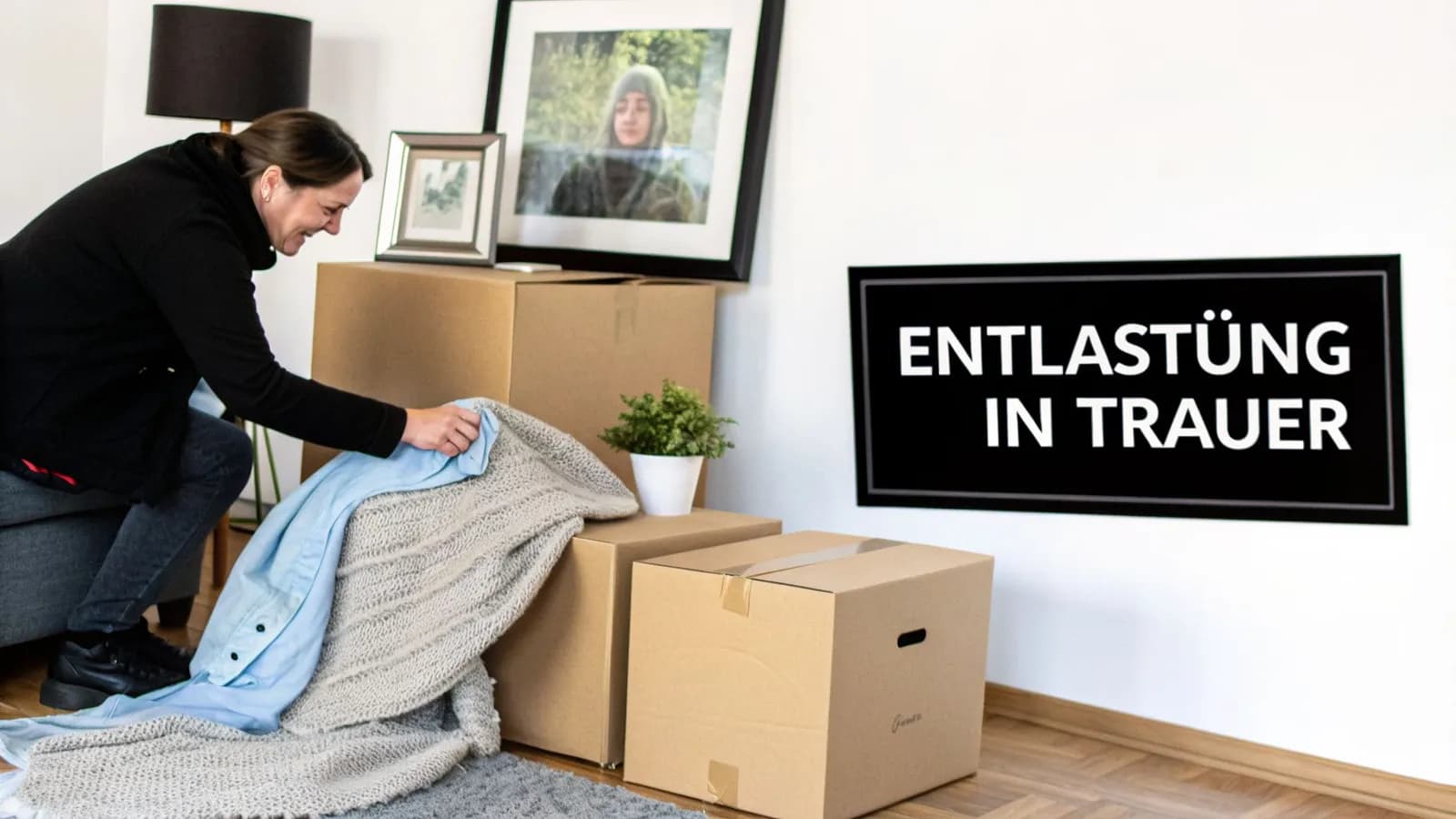 Eine Frau packt Kleidung in Kartons, umgeben von Umzugskartons und einem Schild "Entlastung in Trauer".