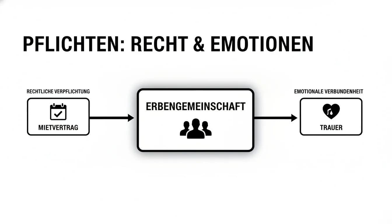 Flussdiagramm visualisiert den Zusammenhang von Mietvertrag, Erbengemeinschaft und Trauer als rechtliche und emotionale Pflichten.