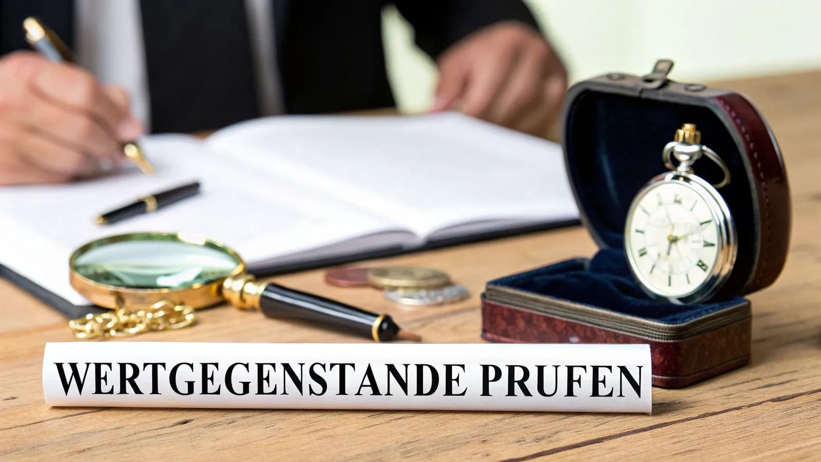 Eine Person prüft Dokumente und Wertgegenstände wie eine Taschenuhr, Münzen und eine Lupe auf einem Holztisch.