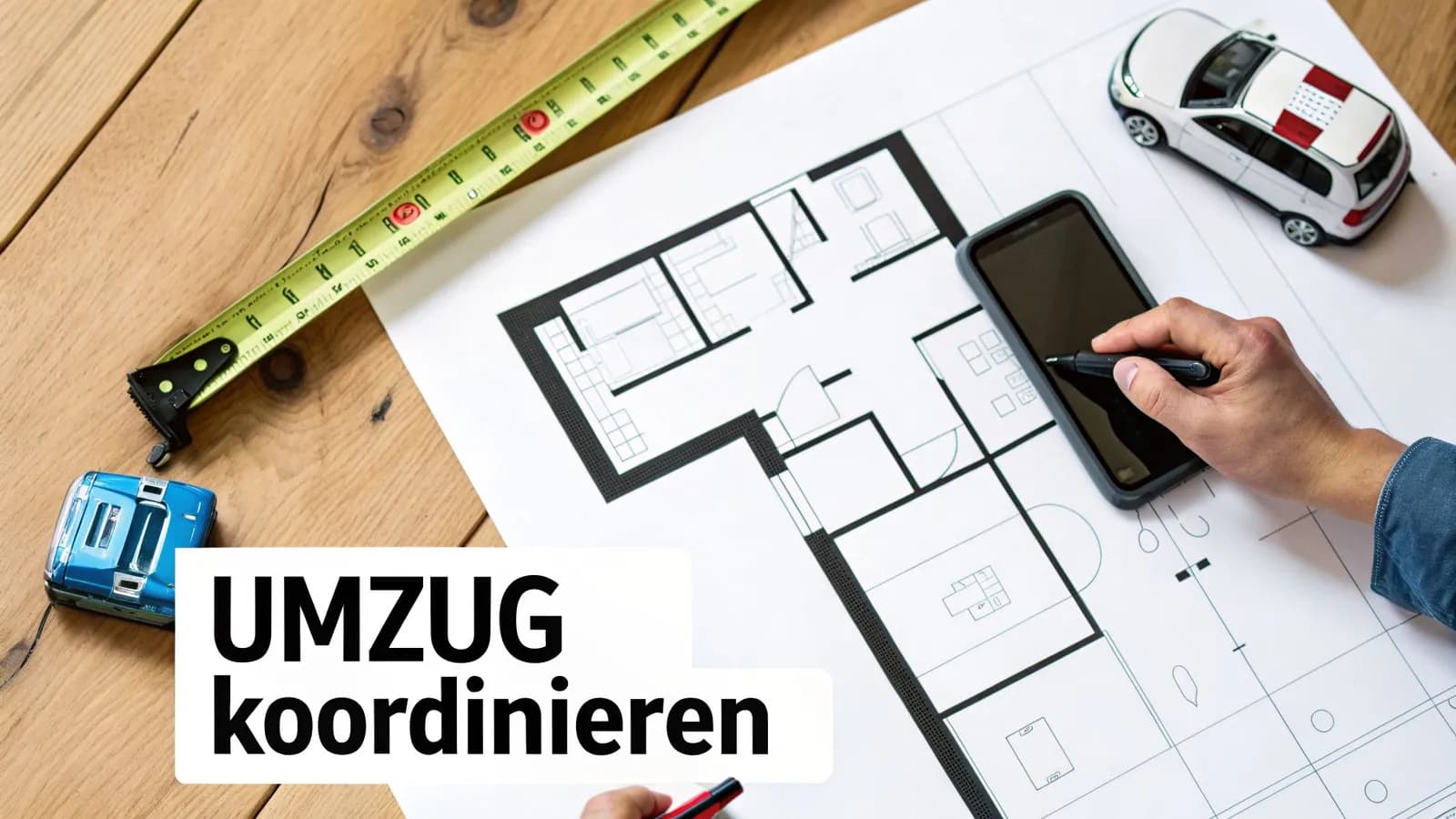 Person koordiniert einen Umzug mit Grundriss, Maßband und Smartphone auf einem Holztisch.