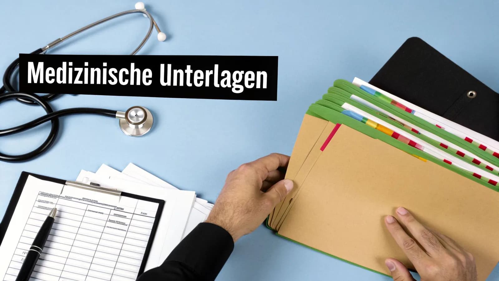 Person sortiert medizinische Unterlagen und Akten, mit Stethoskop und Formular auf blauem Hintergrund.
