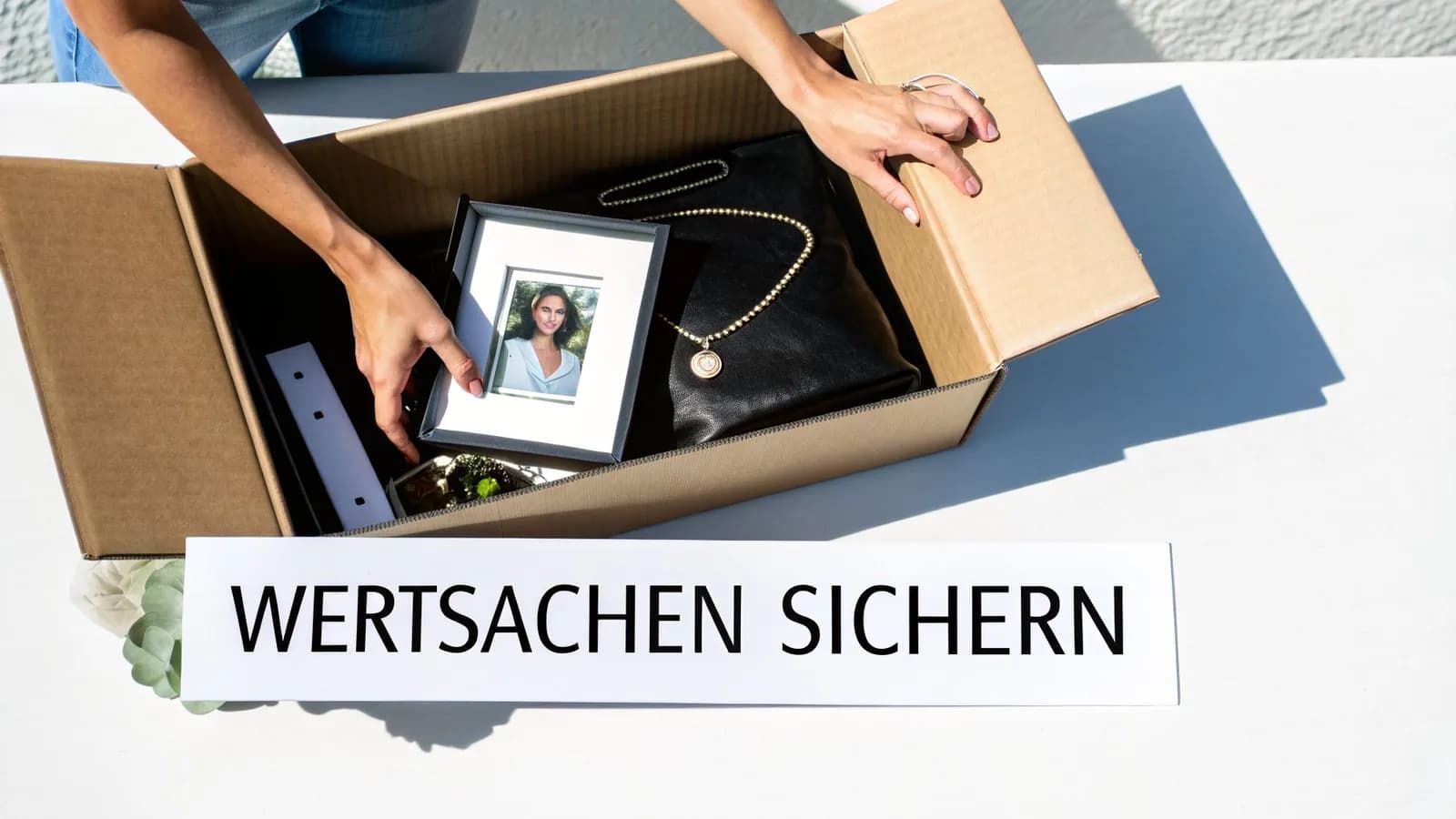 Eine Person packt wertvolle Gegenstände wie ein gerahmtes Foto und eine Halskette in einen Umzugskarton.