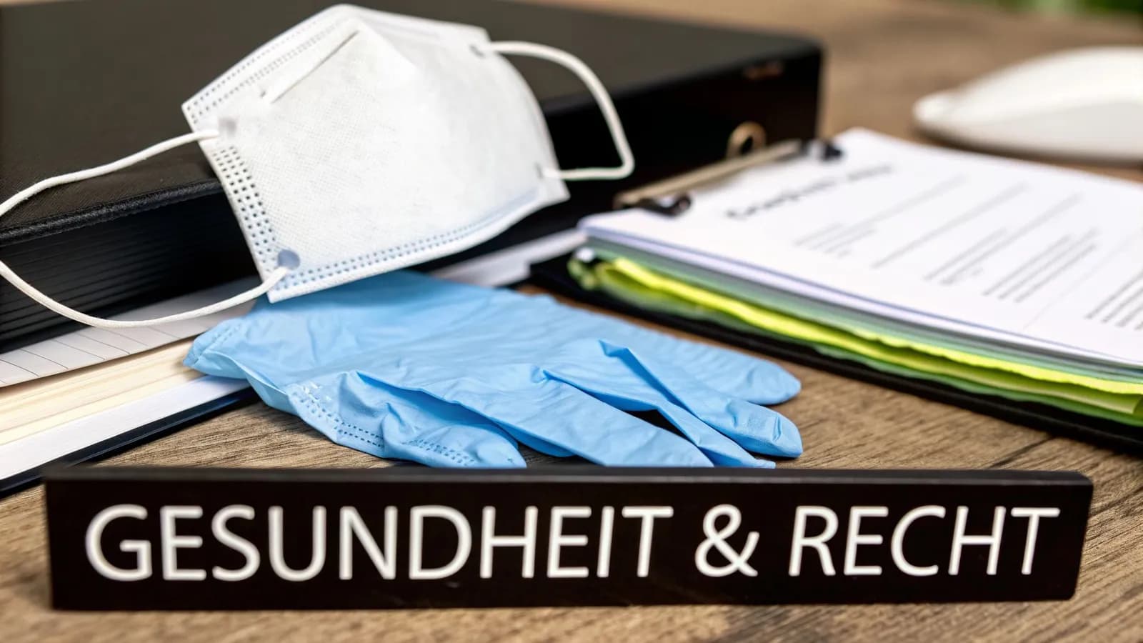 Mundschutz, Handschuhe und Dokumente mit dem Schild 'GESUNDHEIT & RECHT' auf einem Schreibtisch.