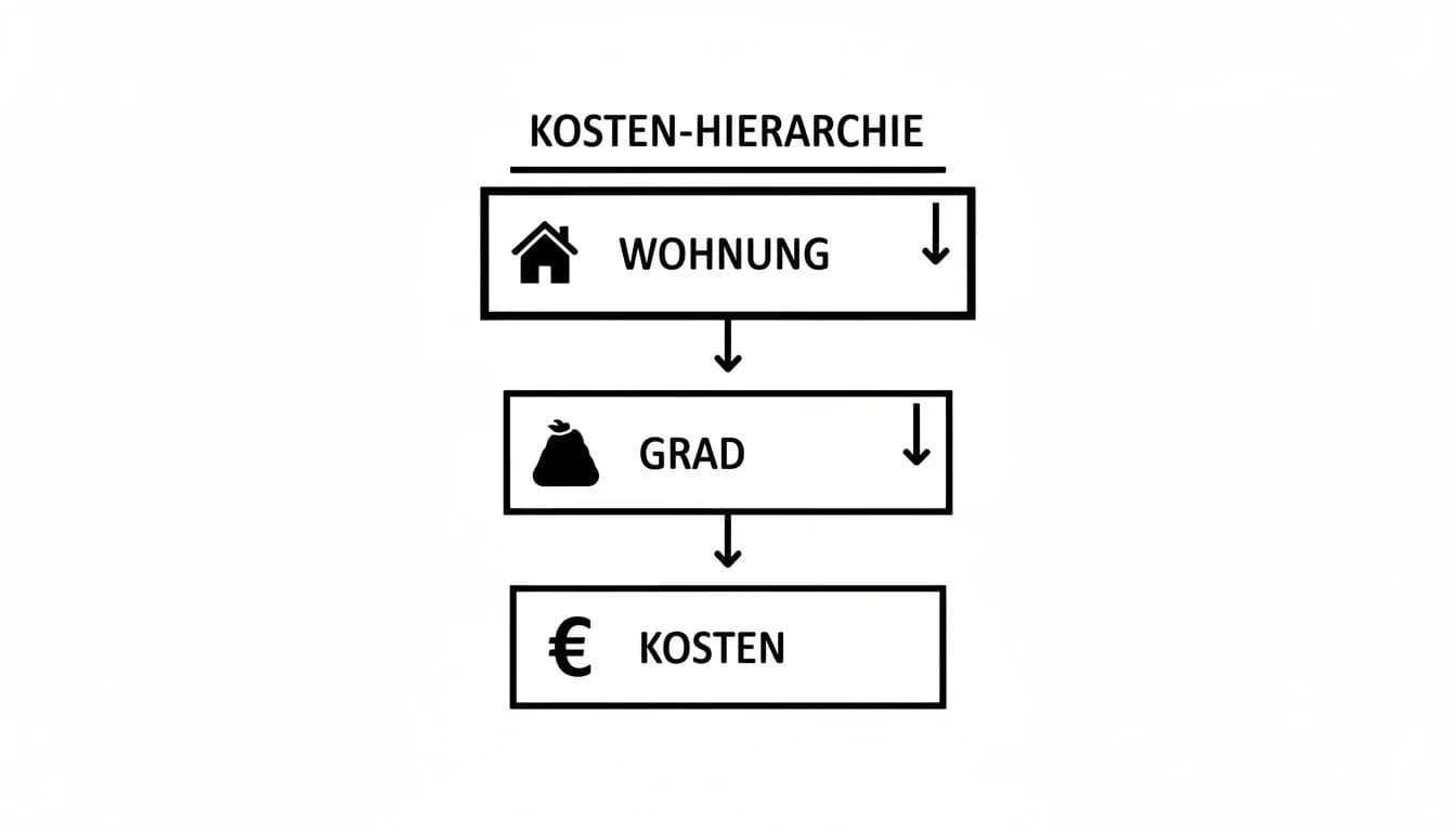 Flussdiagramm zur Kosten-Hierarchie: Wohnung beeinflusst Grad, welcher wiederum die Gesamtkosten bestimmt.