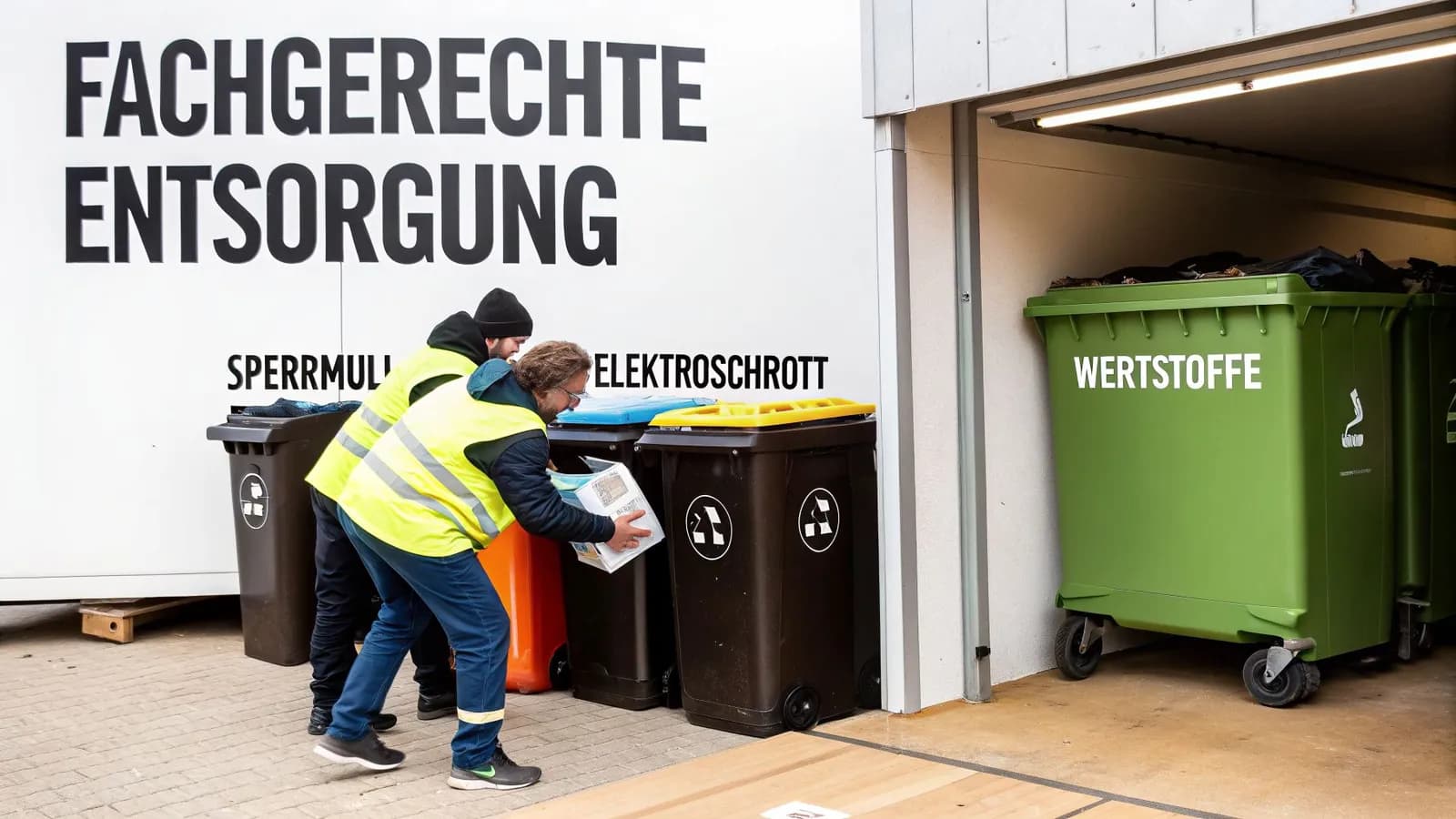 Mitarbeiter sortieren Abfall in gekennzeichnete Behälter für Sperrmüll, Elektroschrott und Wertstoffe.