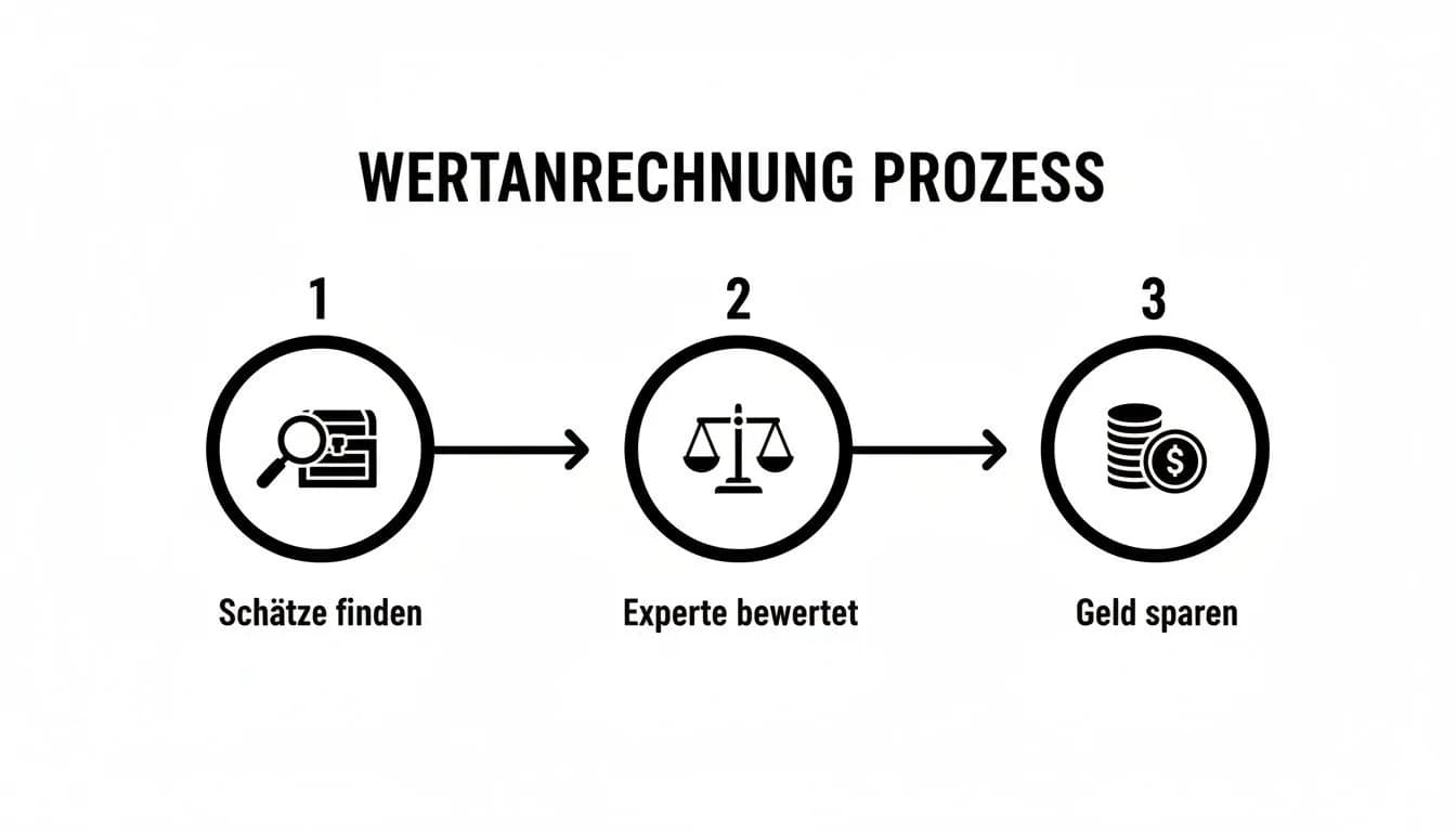 Infografik: Prozess der Wertanrechnung in drei Schritten – Schätze identifizieren, Expertenbewertung, Kosten sparen.