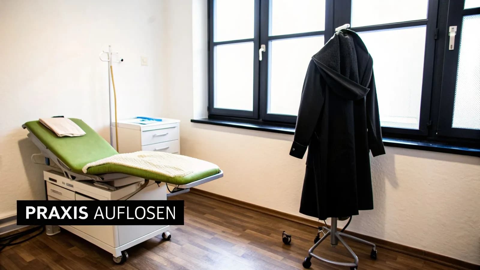 Medizinischer Behandlungsraum mit Untersuchungsliege, Infusionsständer und Kleiderständer neben einem Fenster.