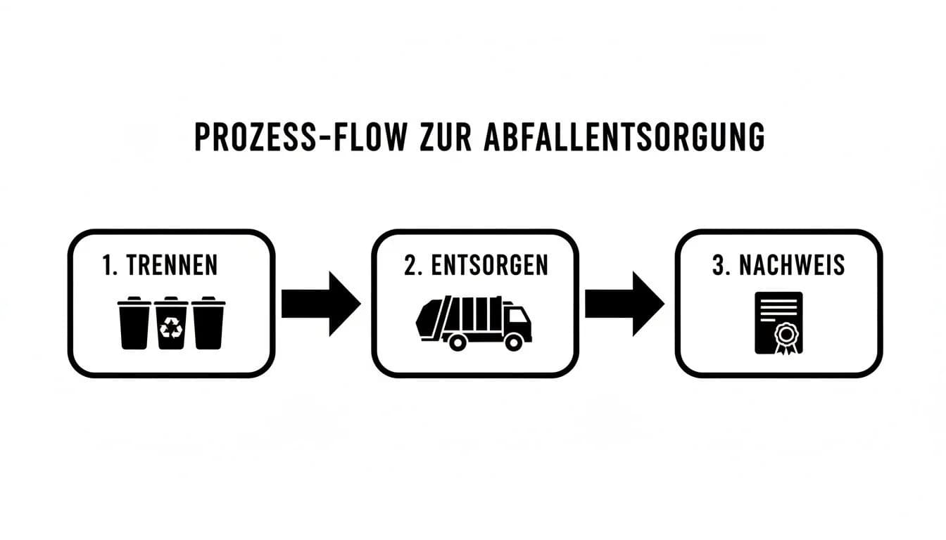 Prozess-Flow zur Abfallentsorgung, dargestellt in drei Schritten: Trennen, Entsorgen und Nachweis mit entsprechenden Symbolen.