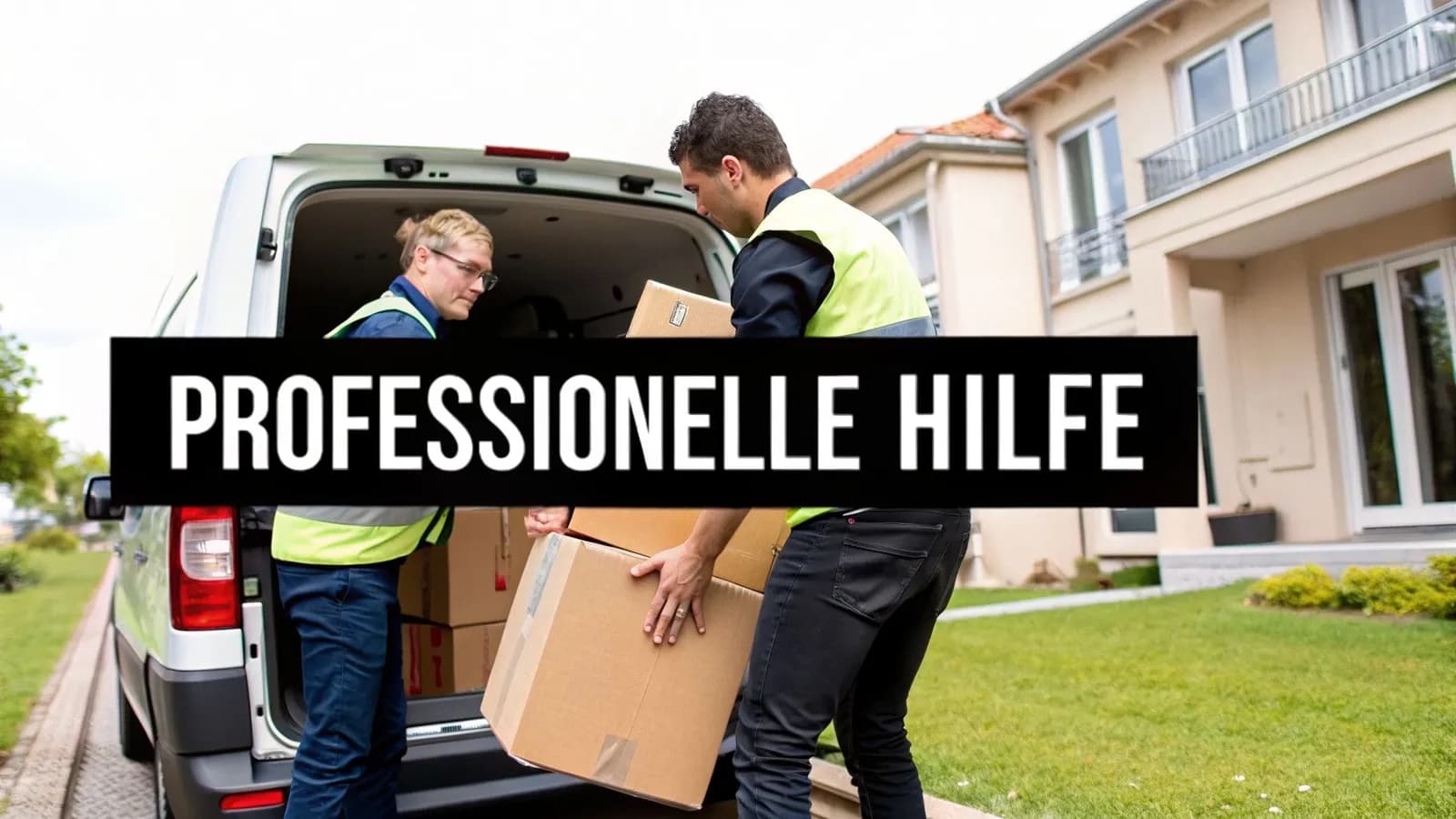 Professionelle Umzugshelfer in Warnwesten entladen Kartons aus einem Lieferwagen vor einem Haus.