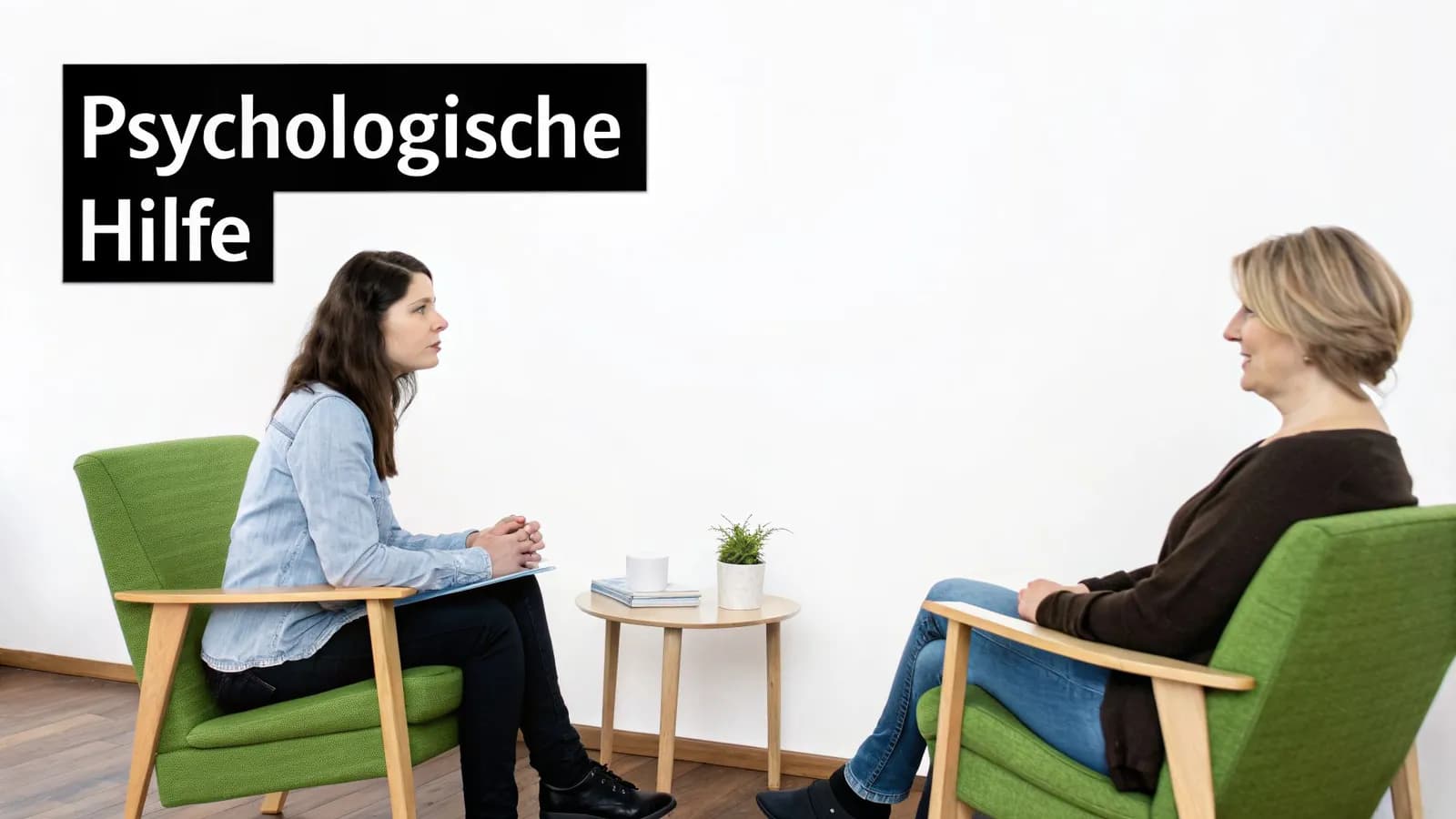 Zwei Frauen sitzen in grünen Sesseln, unterhalten sich in einer Therapiesitzung unter der Überschrift 'Psychologische Hilfe'.