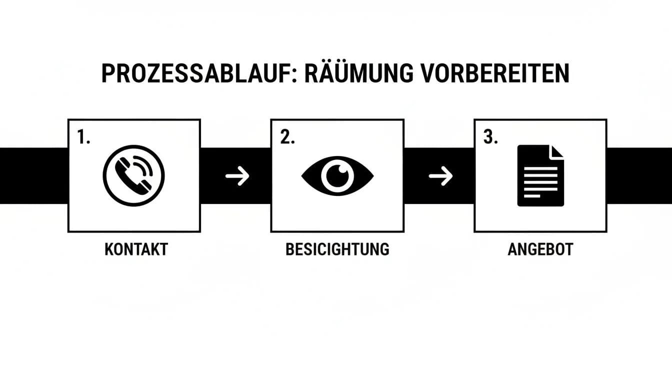 Infografik zeigt den 3-Schritte-Prozess zur Vorbereitung einer Räumung: Kontakt, Besichtigung, Angebot.