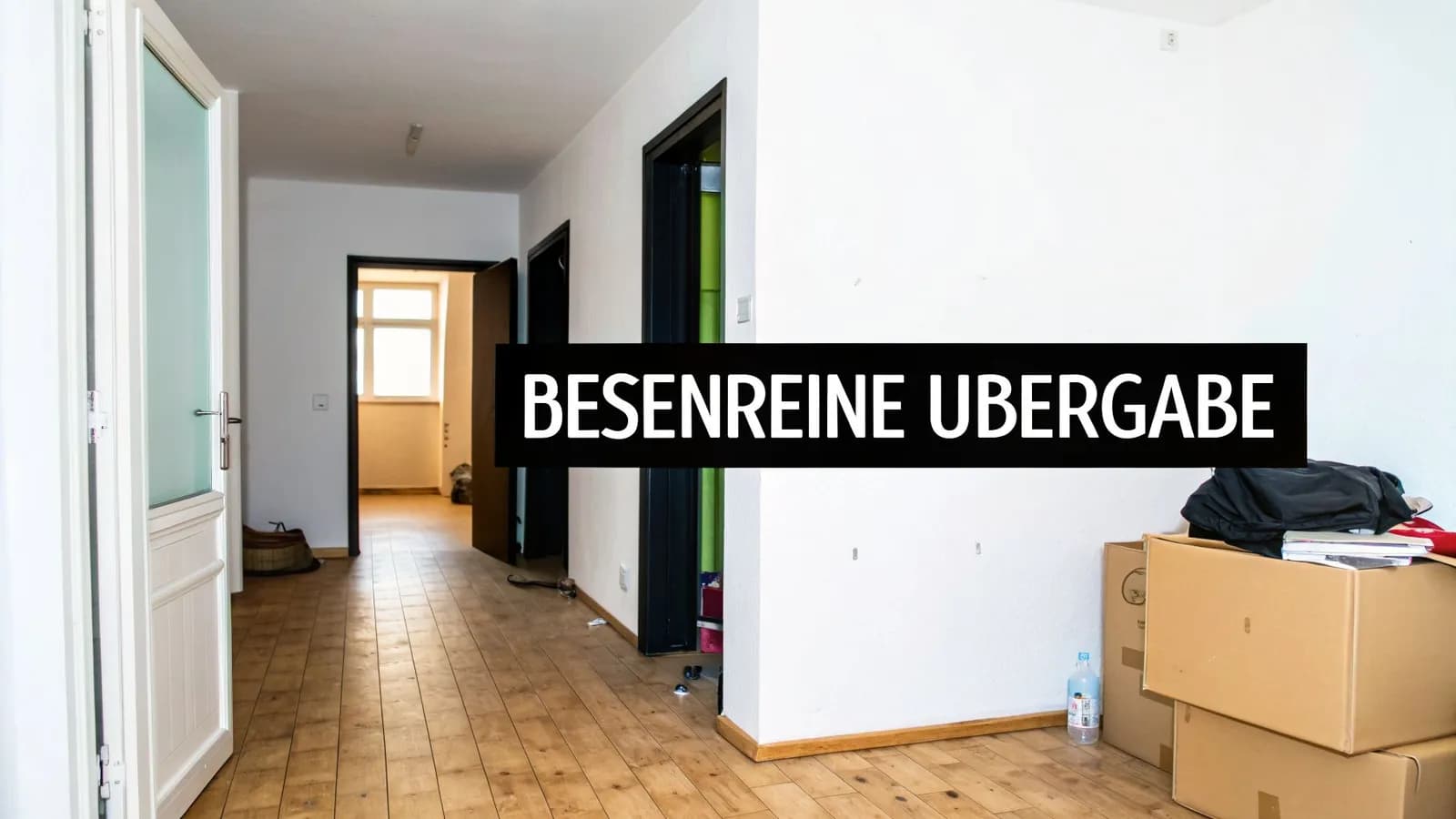 Leerer Flur einer Wohnung mit Holzboden und offenen Türen, bereit zur besenreinen Übergabe.