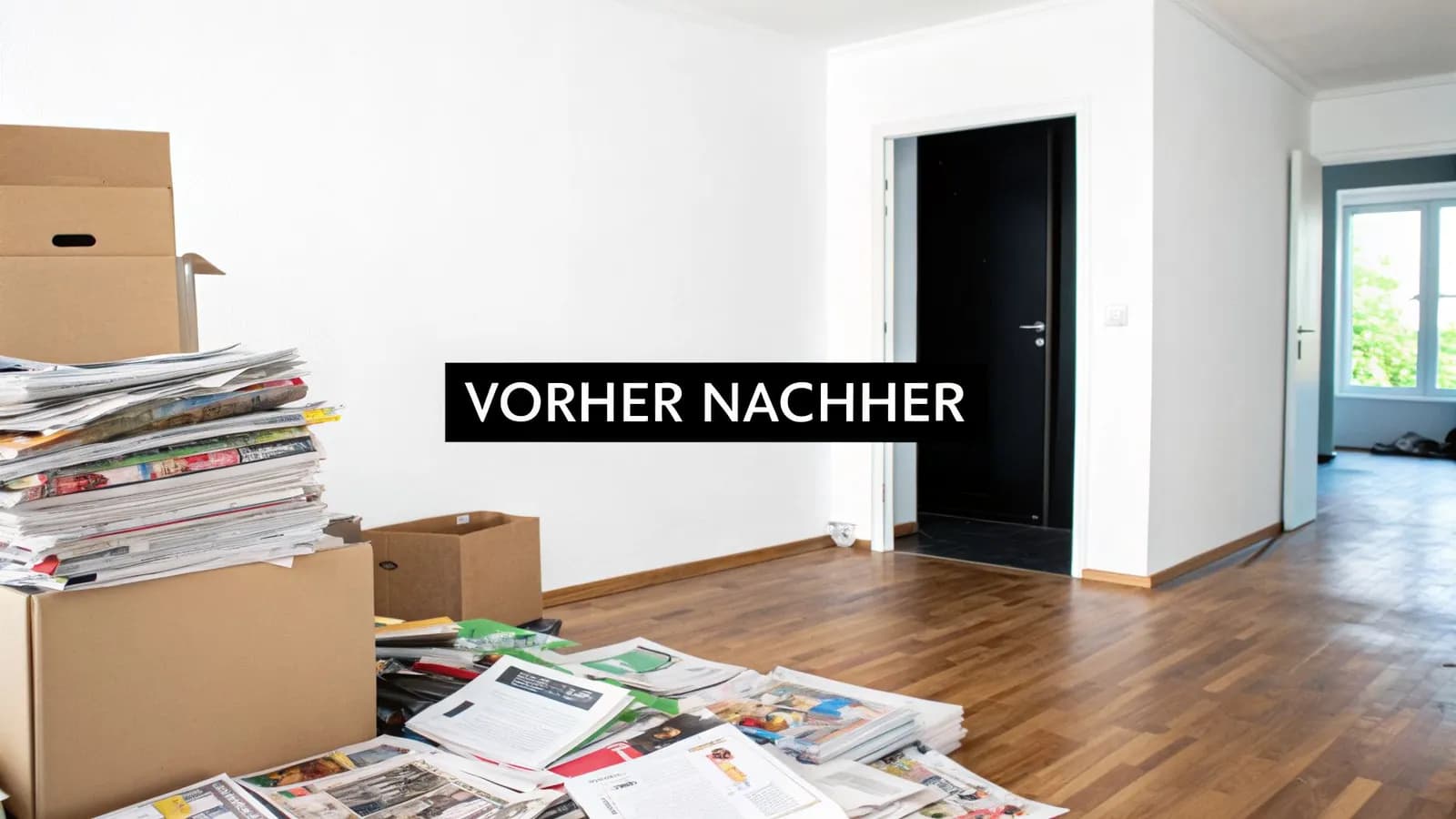 Unaufgeräumtes Zimmer mit Stapeln von Zeitungen und Kartons, Zustand vor einer Aufräumaktion.