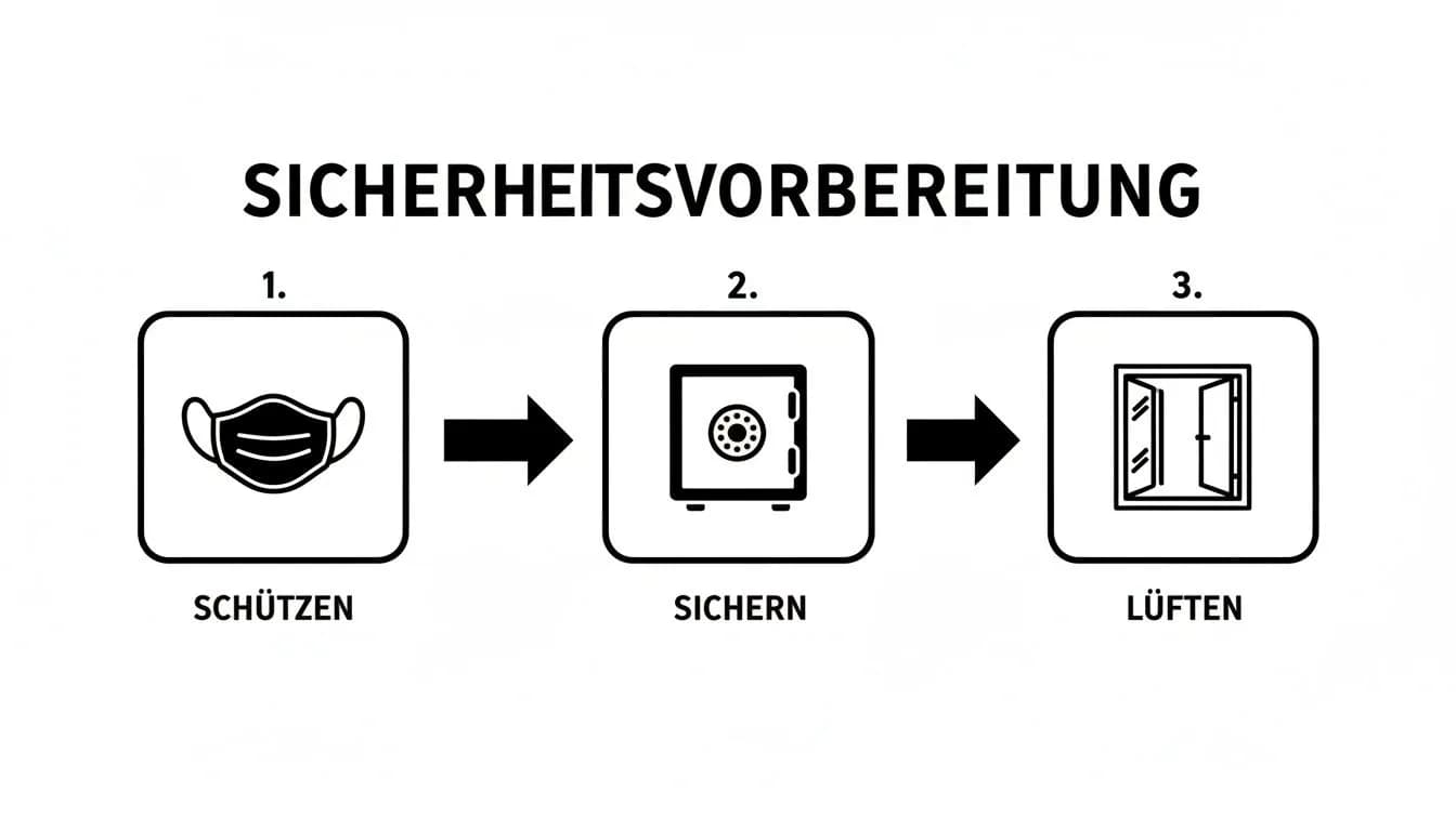 Infografik zur Sicherheitsvorbereitung in drei Schritten: Maske tragen, Wertgegenstände sichern und lüften.