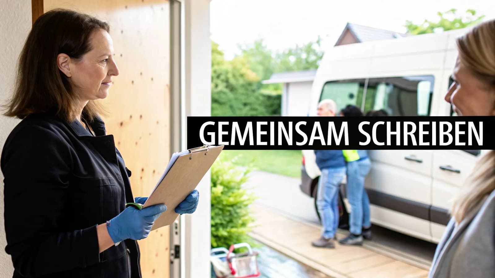 Eine Frau mit Klemmbrett und blauen Handschuhen steht vor der Tür, mit dem Text 'GEMEINSAM SCHREIBEN'.
