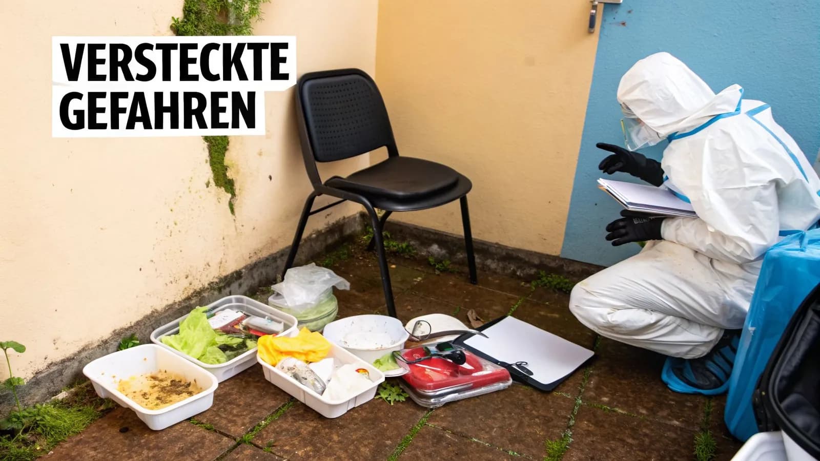 Eine Person in Schutzkleidung untersucht unaufgeräumte Gegenstände am Boden, mit Text 'Versteckte Gefahren'.