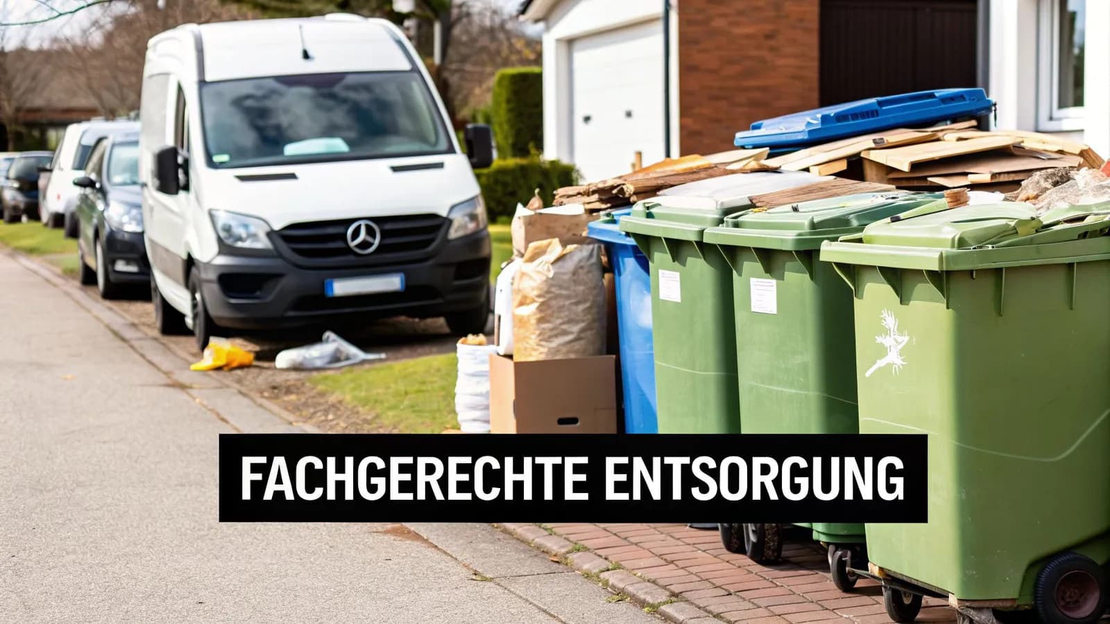 Üppig gefüllte grüne Mülltonnen und Sperrmüll warten auf die fachgerechte Entsorgung am Straßenrand.