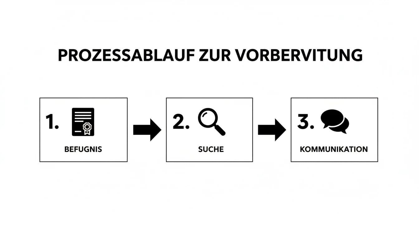 Ein Flussdiagramm zeigt den Prozessablauf zur Vorbereitung in drei Schritten: Befugnis, Suche und Kommunikation mit entsprechenden Symbolen.