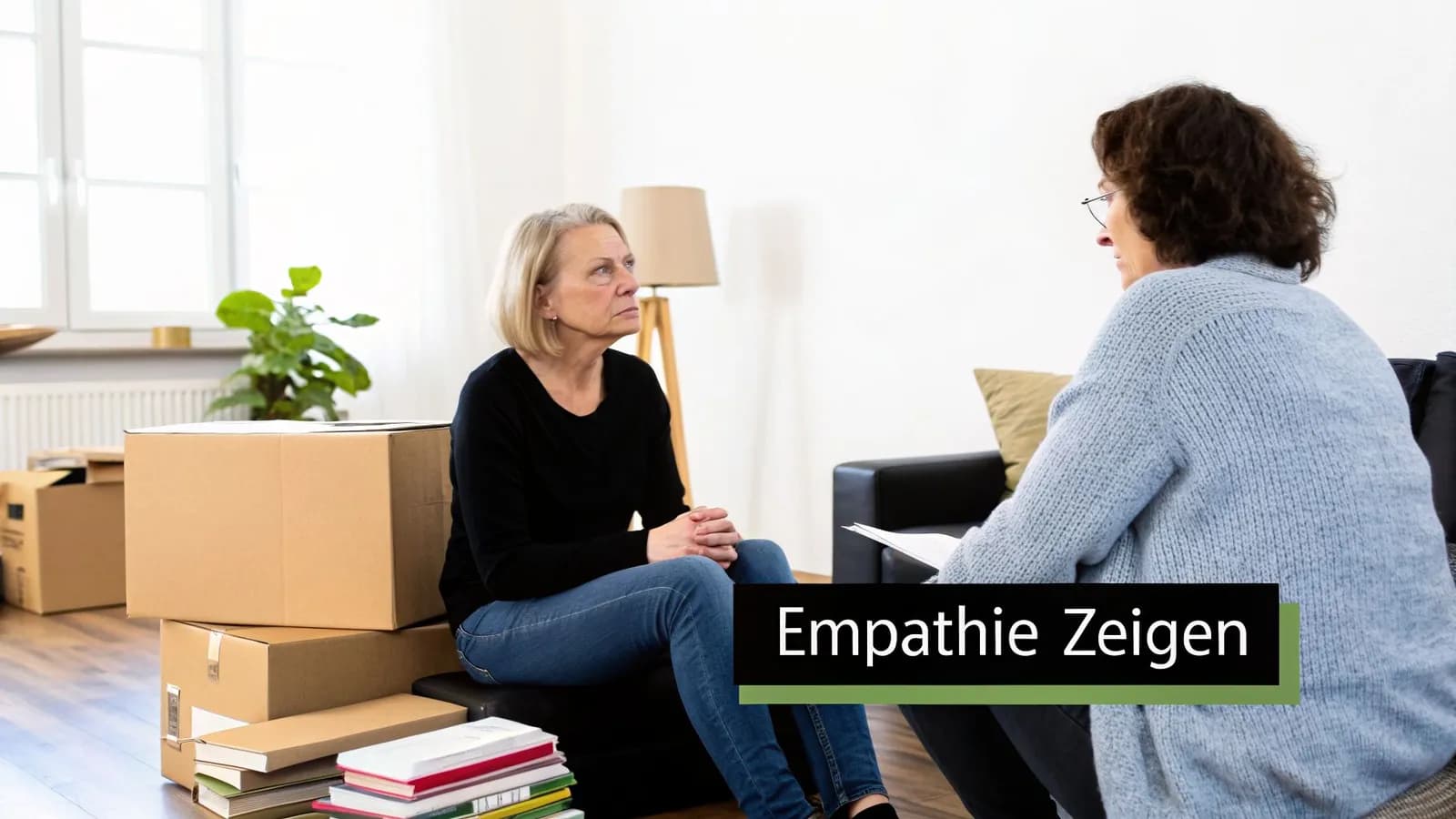 Zwei Frauen im Gespräch, umgeben von Umzugskartons, was auf eine schwierige Situation hindeutet. Eine zeigt Empathie.