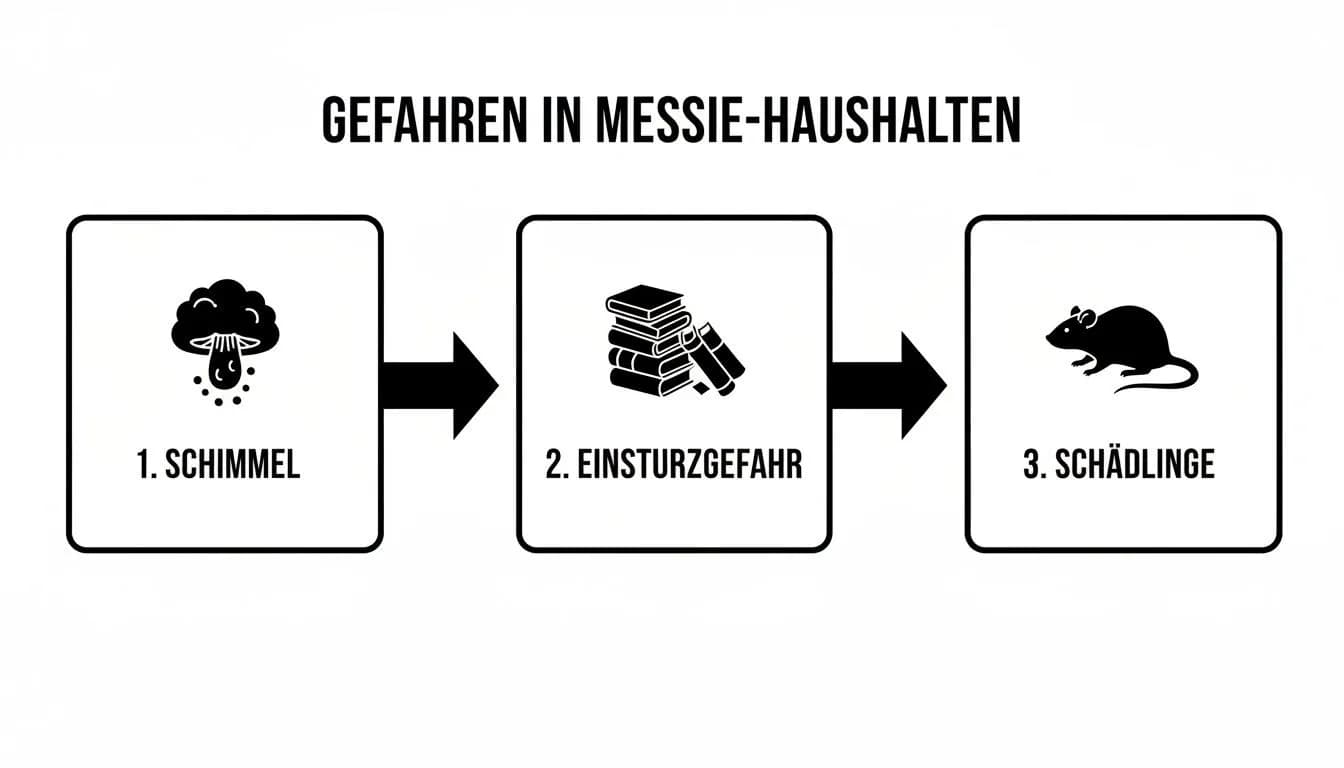 Infografik zeigt die drei Hauptgefahren in Messie-Haushalten: Schimmel, Einsturzgefahr und Schädlingsbefall.
