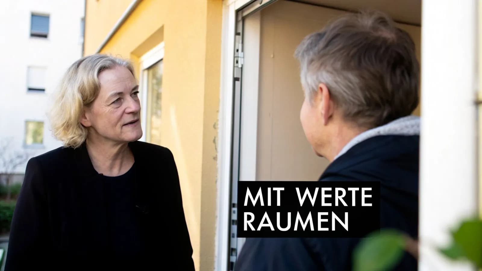 Zwei Frauen unterhalten sich an der Tür eines gelben Hauses bei einem Hausbesuch.